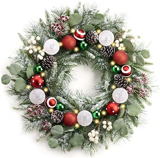 Valery Madelyn 24’ Pre-Lit Christmas Wreath for Front Door with Light, Collapsible Lighted Outdoor Christmas Wreath with Red Green White Xmas Ball Norfolk Pine for Home Porch Fireplace Holiday Decor