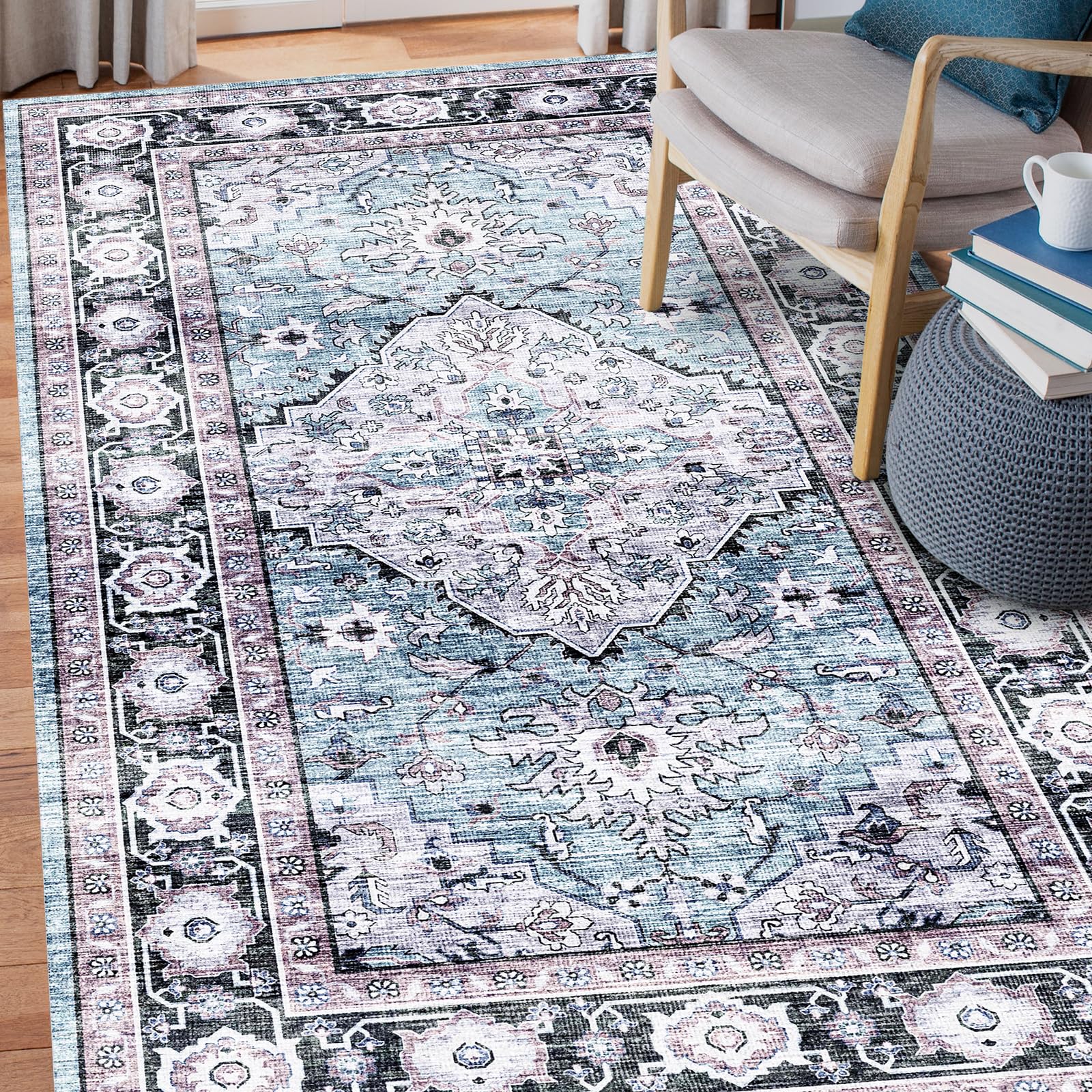 Ultra-Thin Washable Vintage Area Rug 9'x 12' for Living Room, Low-Pile Area Rugs Non-Shed Non Slip, Unique Chenille Printed Home Decor, Perfect for Bedroom Dining Room Kitchen, Teal