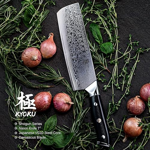 Miniatura 2 de KYOKU Cuchillo Nakiri de 7 pulgadas + cuchillo de pan dentado de 8 pulgadas - Serie Shogun - Hoja de Damasco forjada con núcleo de acero japonés VG10