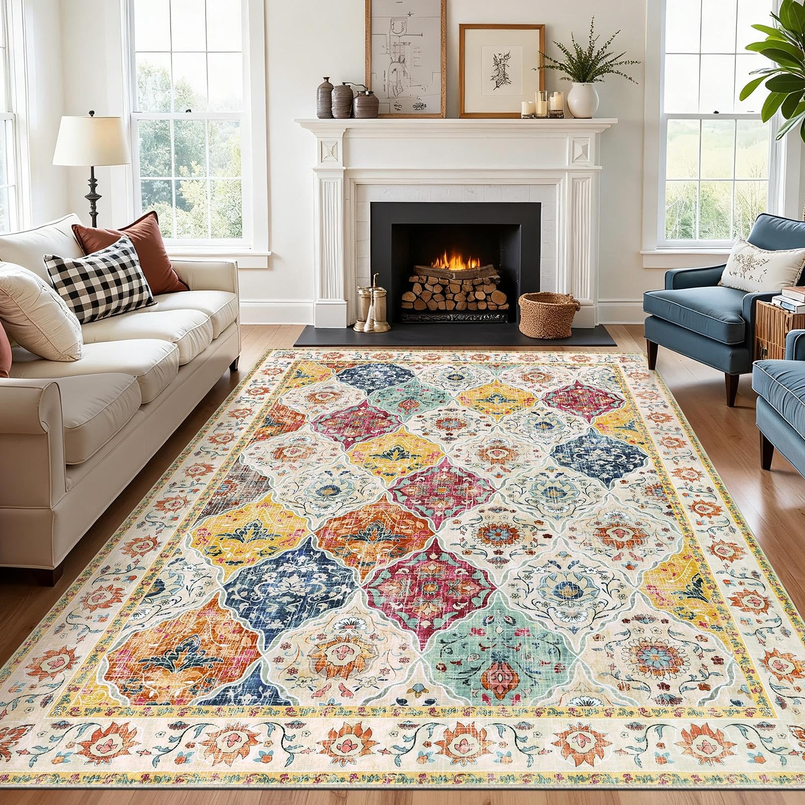 SHACOS Bunt Teppich Wohnzimmer 160x230 cm Waschbarer Teppich Schlafzimmer Weich Vintage Wohnzimmerteppich rutschfest Teppiche Kurzflor Schlafzimmerteppich Boho