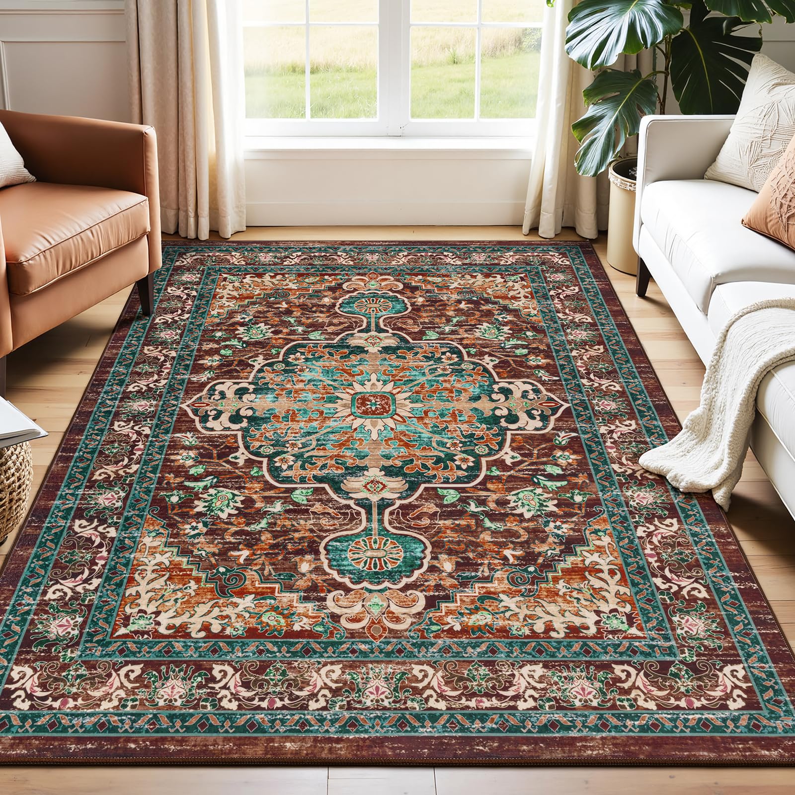 U'Artlines Christmas Boho Vintage Area Rug 5x7 Machine Washable Low Pile Ultra-Thin Soft Floor Carpet Non Slip Non Shedding Accent Rug for Living Room
