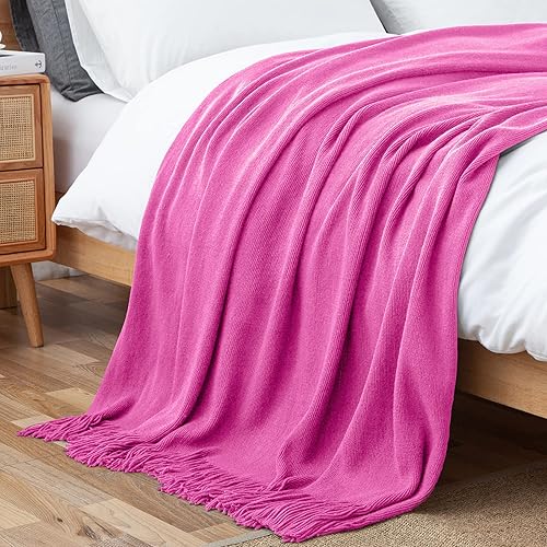 Miniatura 4 de Vonty Manta de punto rosa intenso con borlas y flecos, 60 x 80 pulgadas, manta de punto súper suave, manta ligera decorativa de granja para sofá,