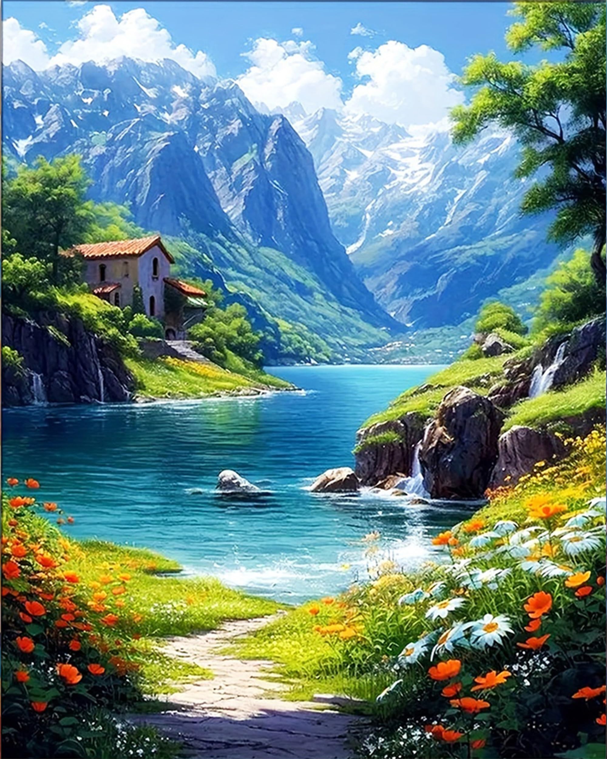 Nianxi Landscape Paint by Numbers for Adults,Green Painting by Number Kits Canvas,DIY Easy Cheerful Painting for Beginners,Wall Decor,Gifts (in The Mountains)