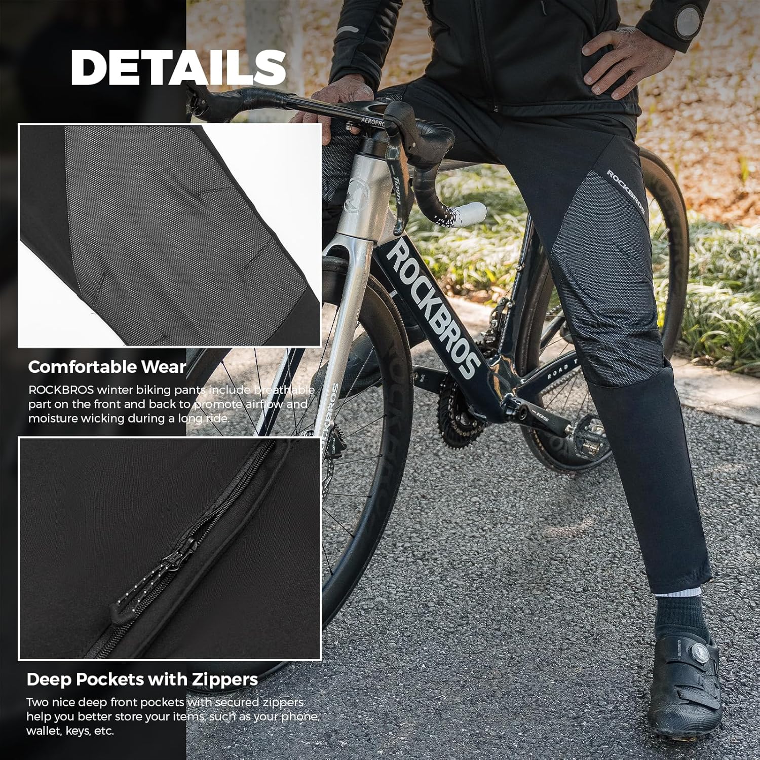 ROCKBROS Winter Cycling Pants for Men Thermal Windproof Mountain Bike Pants - Image 3