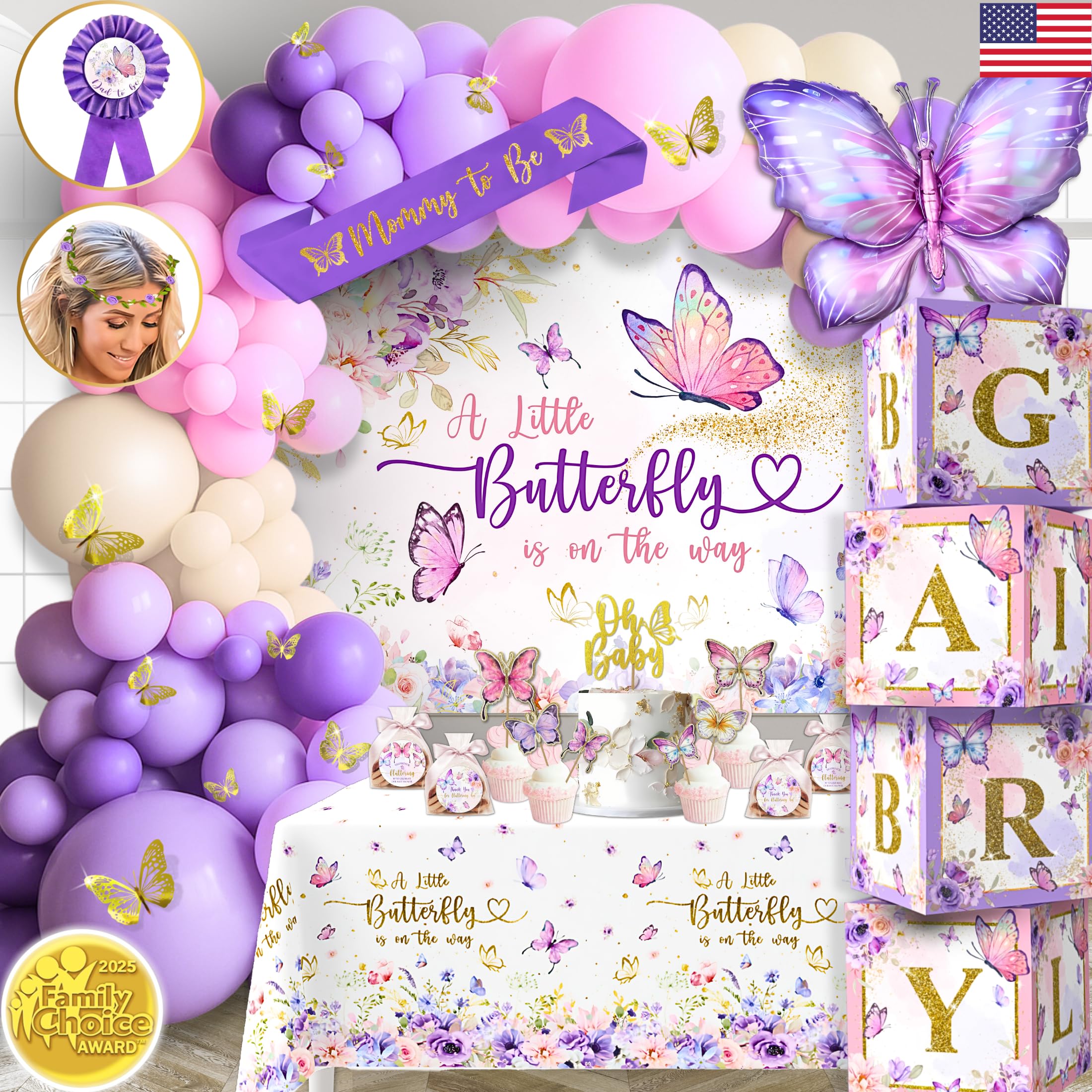 195 Pc Premium Butterfly Baby Shower Decorations for Girl with Pink and Purple Butterfly Balloon Arch Kit, Baby Girl Boxes, Backdrop, Tablecloth, Sash, Cake and Cupcake Toppers, Crown and more