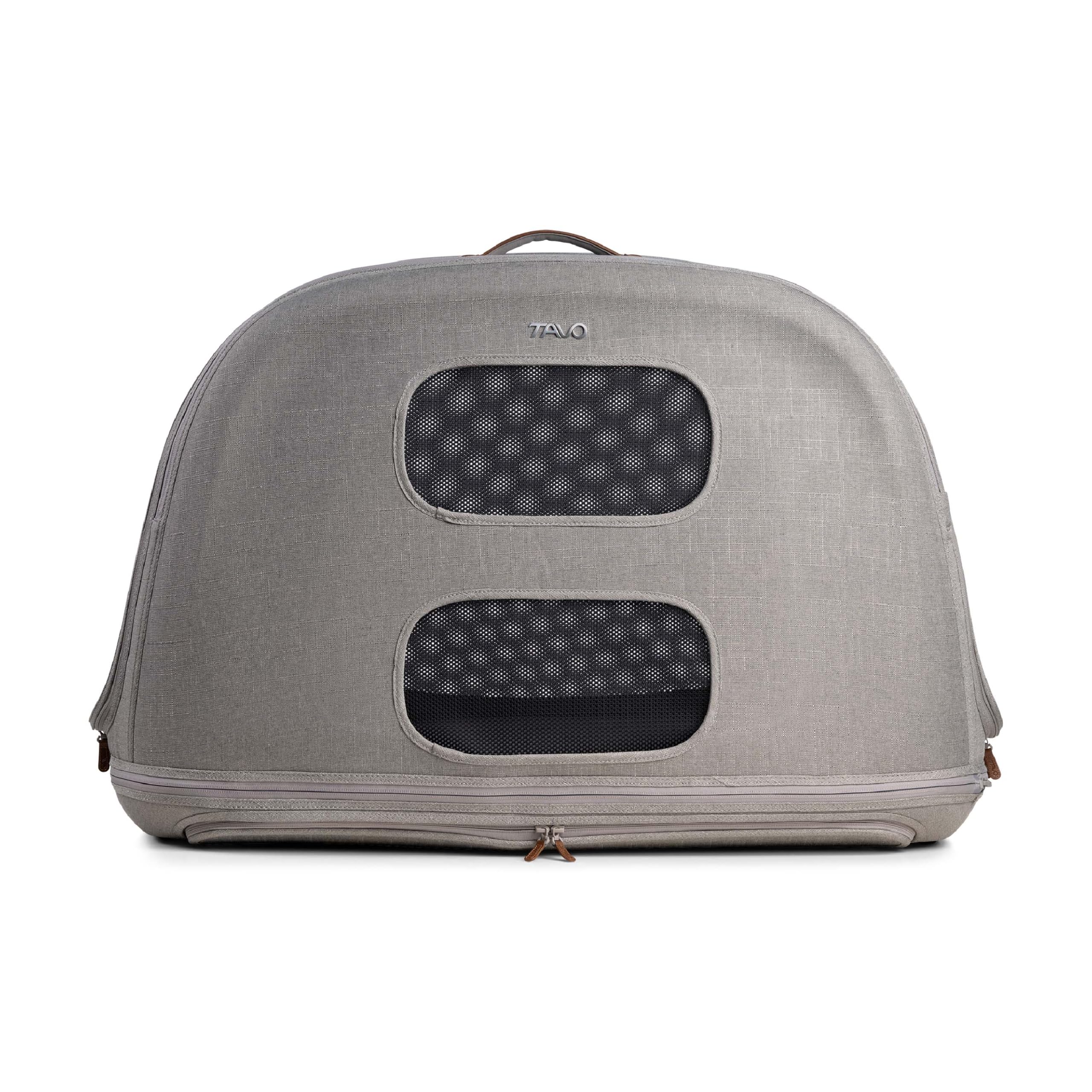 Tavo Crispin - Transportín grande para mascotas – Caja de transporte para perros y gatos, ISOFIX y fijación Top-Tether, ventilación de malla de 360°, plegable, 2 colchones lavables, Merle