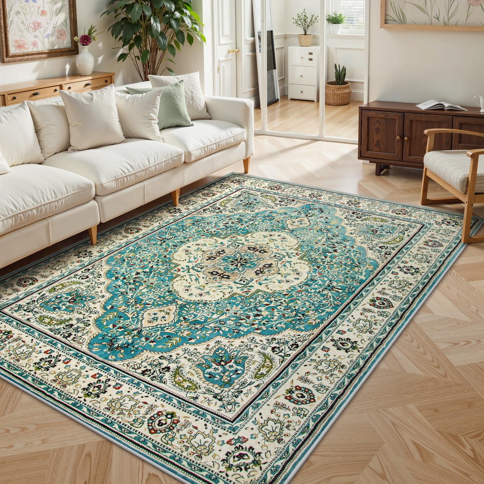 Lahome Felice Floral Medallion Area Rug - 5x7 Large Distressed Living Room Rug, Soft Non-Slip Washable Low-Pile Bedroom Mat Floor Accent Carpet for