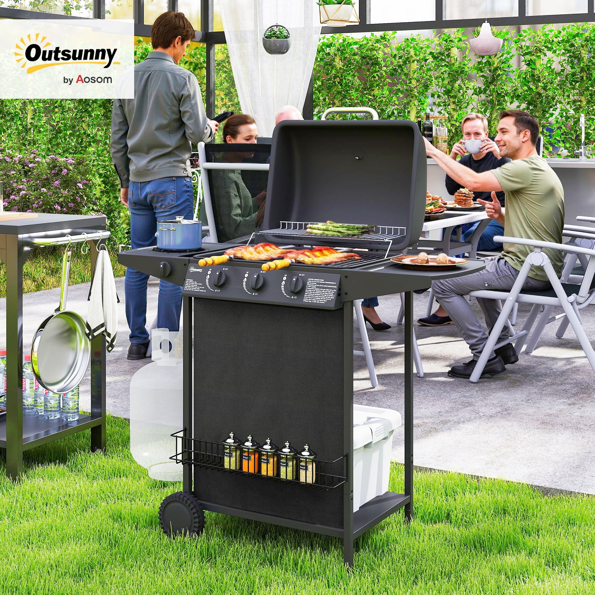Outsunny Barbecue a Gas 4 Bruciatori 9.5kW con Coperchio Termometro Ruote Nero