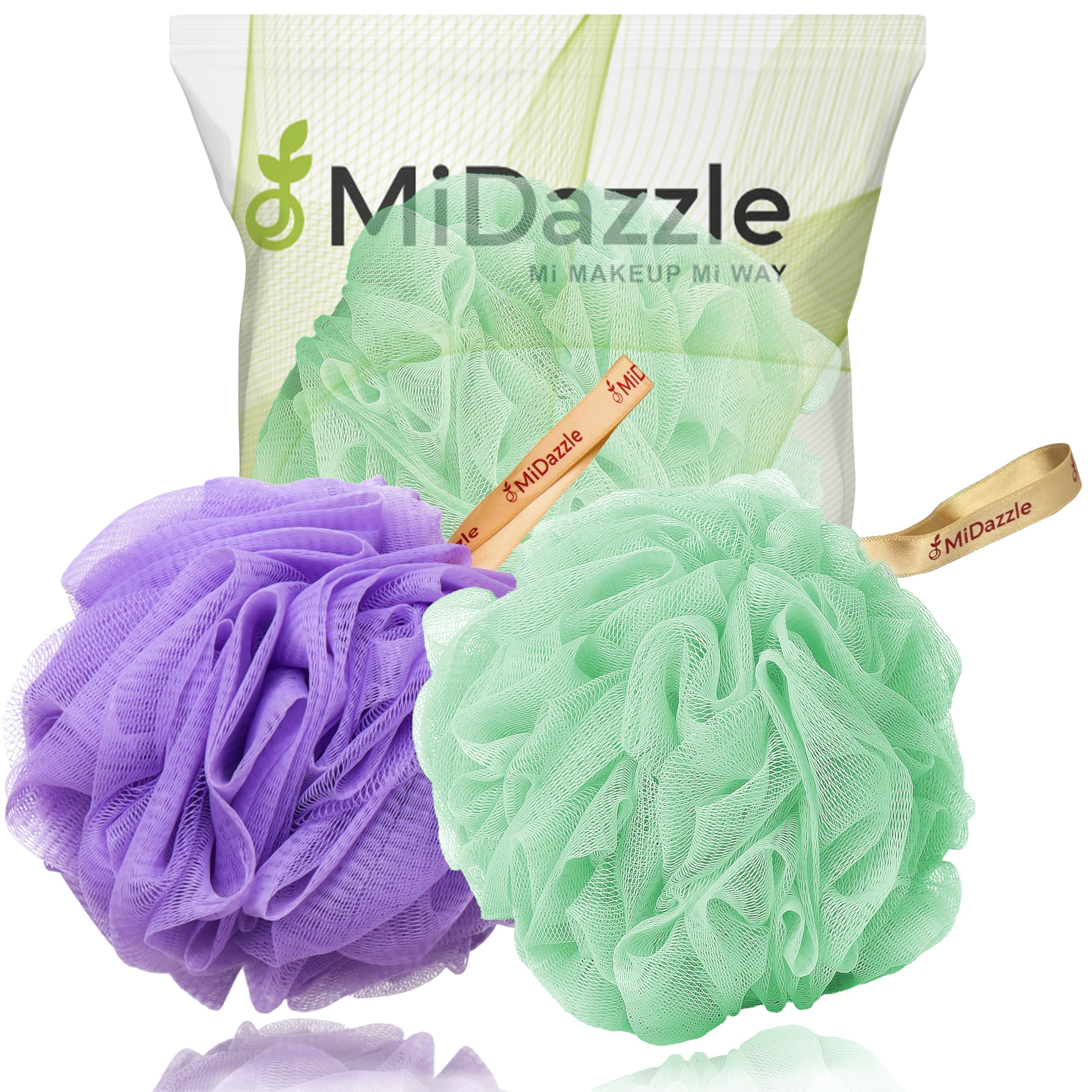 Midazzle Luxury Loofah Bathing Sponge Exfoliator Scrubber for High Lather Cleansing (Small, Pack of 2, Purple & Green)