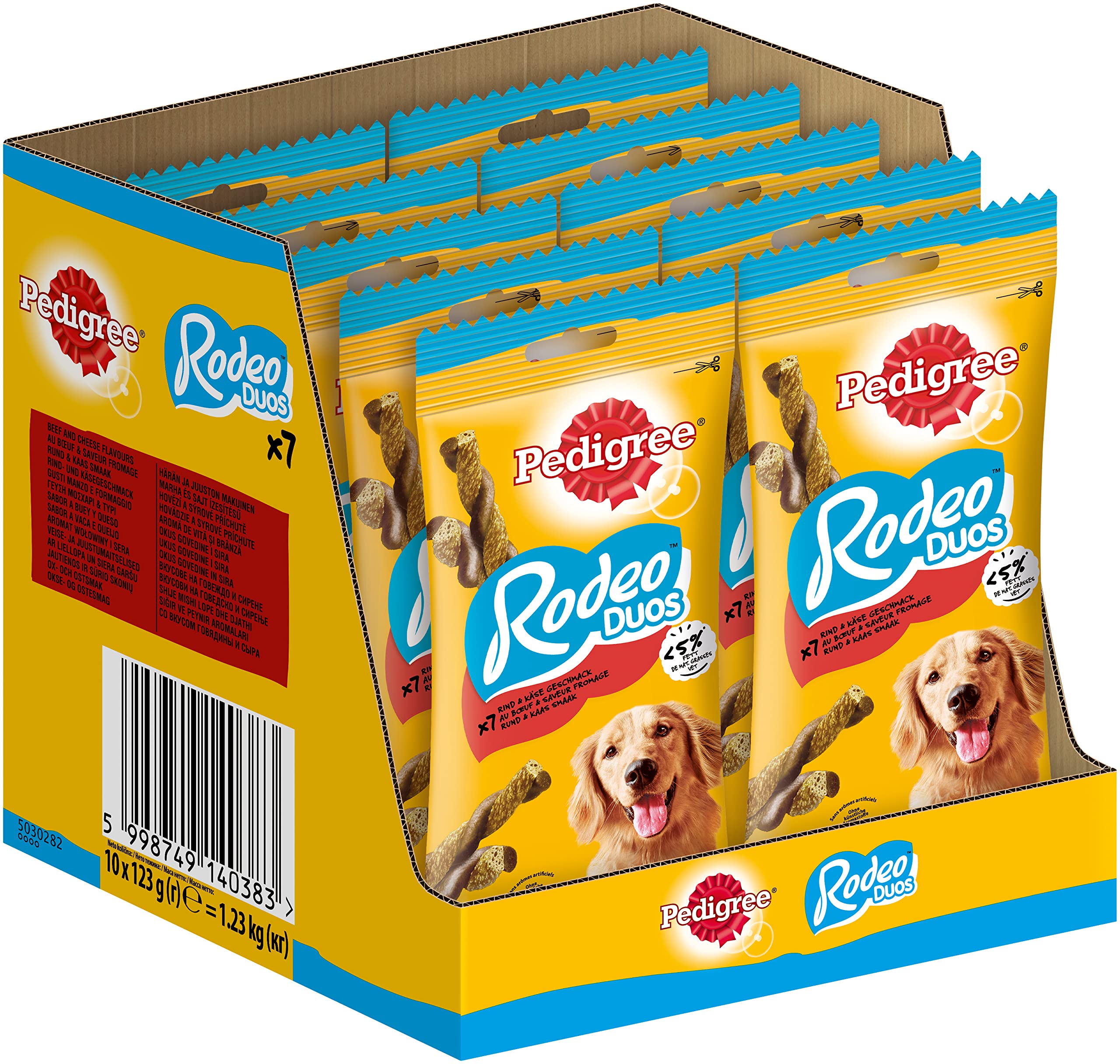 Pedigree Rodeo Duos - Ricompense di manzo e sapore formaggio per cani, confezione da 10 bustine da 7 dolcetti (10 x 123 g)