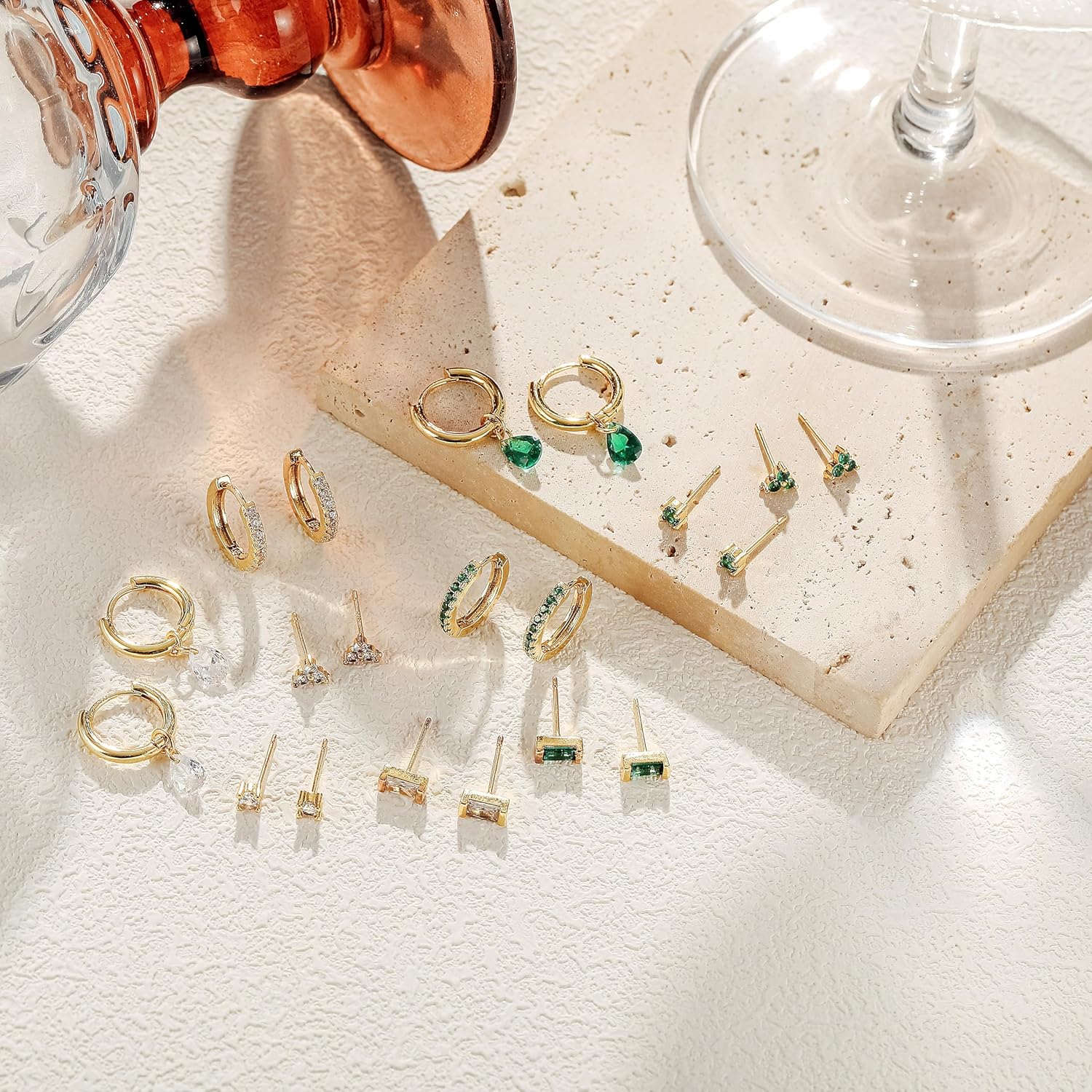 5 Pairs Sterling Silver Post Stud Hoop Earrings Set Dainty 14k Gold Plated Earrings for Women S925 Green CZ Cartilage Stud Huggie Earring for Multiple Piercing Small Earring Stacks - Image 3