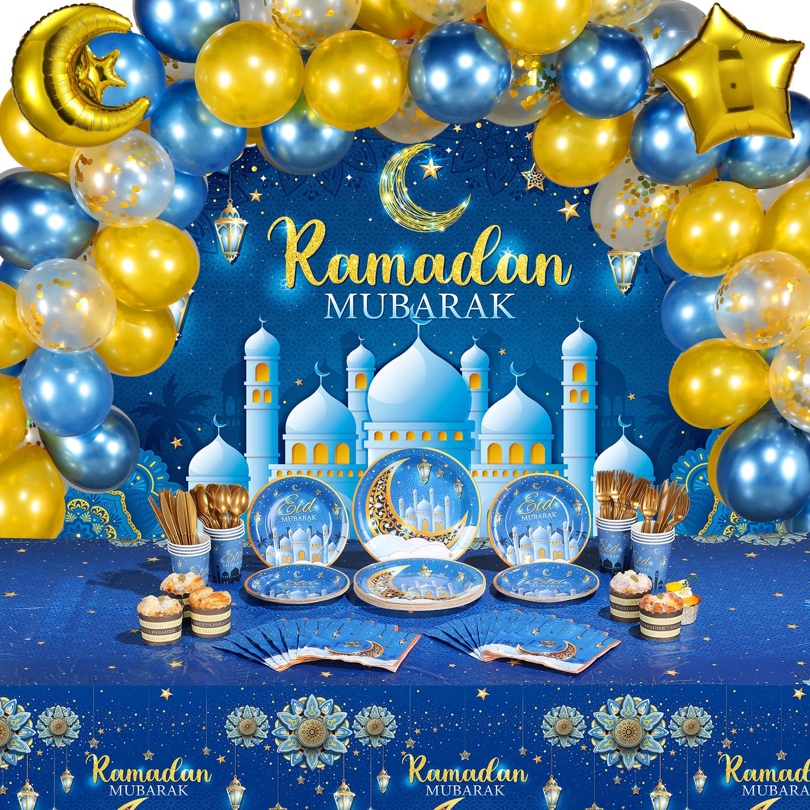 Redbaker 167 Pcs Eid Mubarak Party Decoration Ramadan Mubarak Backdrop Banner Tablecloth Eid Al-fitr Balloon 16 Set Tableware Plates Cups Napkins Cutlery for Home Muslim Ramadan Party Supplies(Blue)