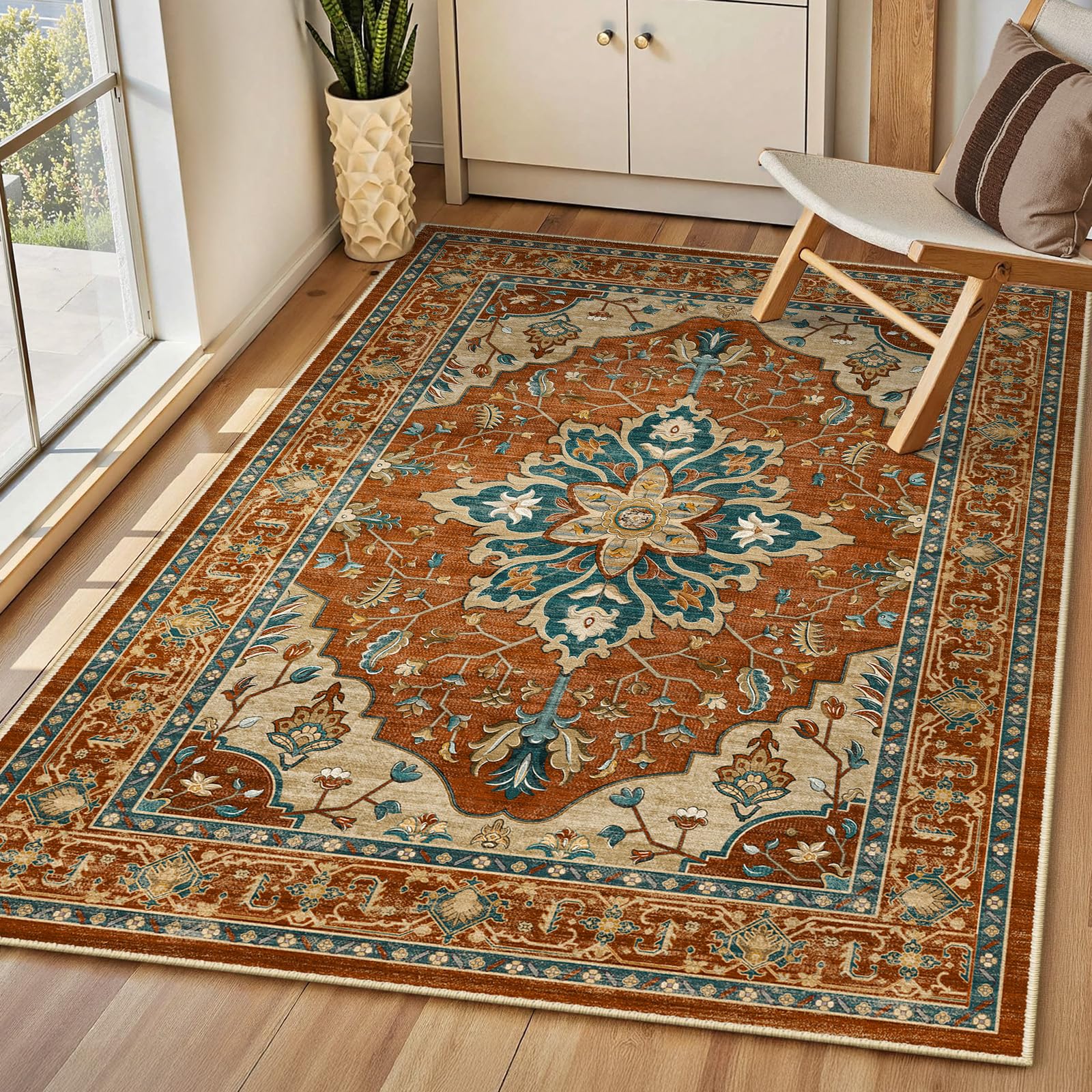 INOVADAY Machine Washable Rugs 90x150 cm Vintage Area Rug Low Pile Anti-Slip Carpet with Print Pattern for Living Room Bedroom Home Office Indoor Red/Orange/Blue/Brown