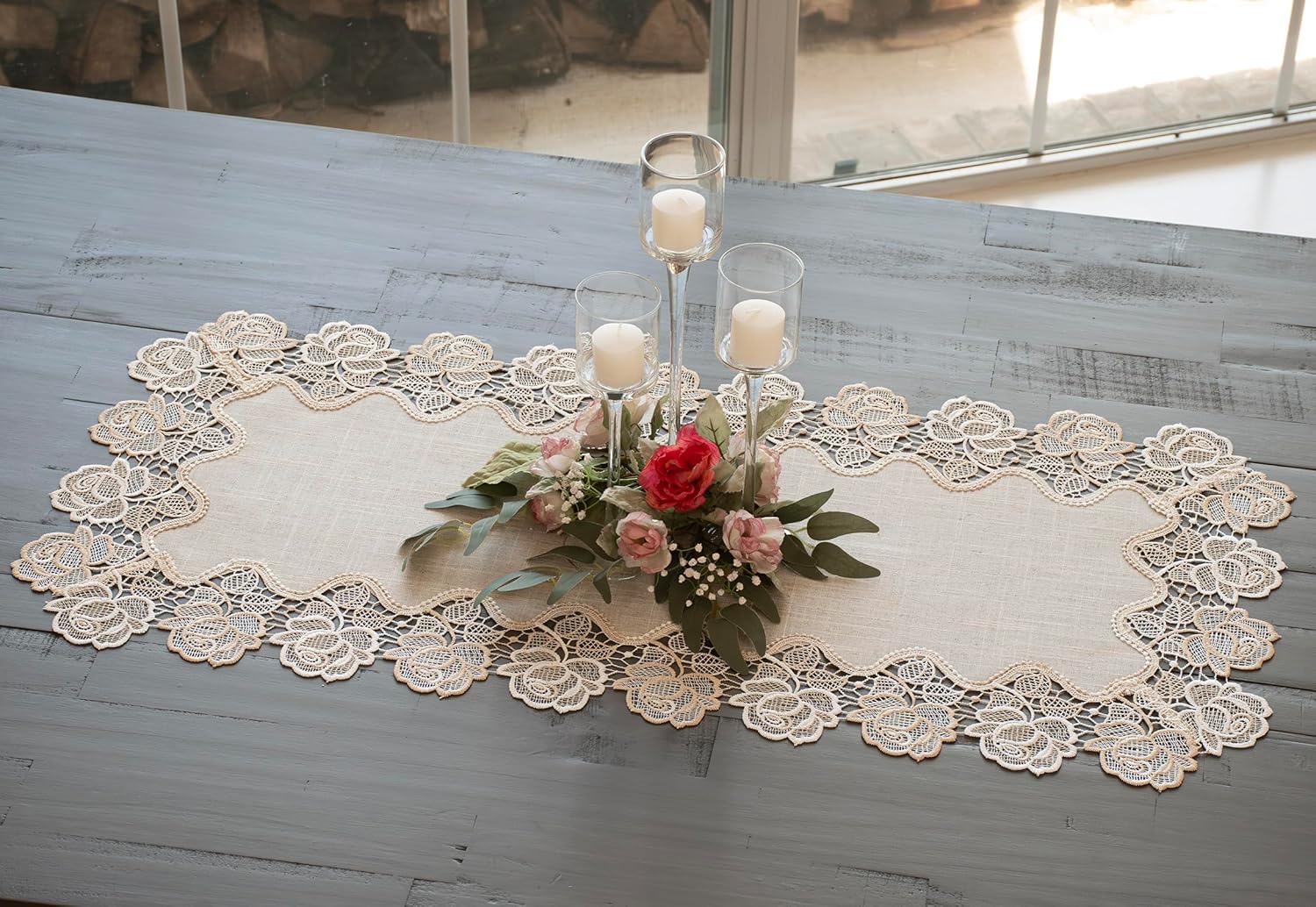 Beige Rose Lace Table Runner, Dresser Scarf, Vitage Charm (15Wx35L)