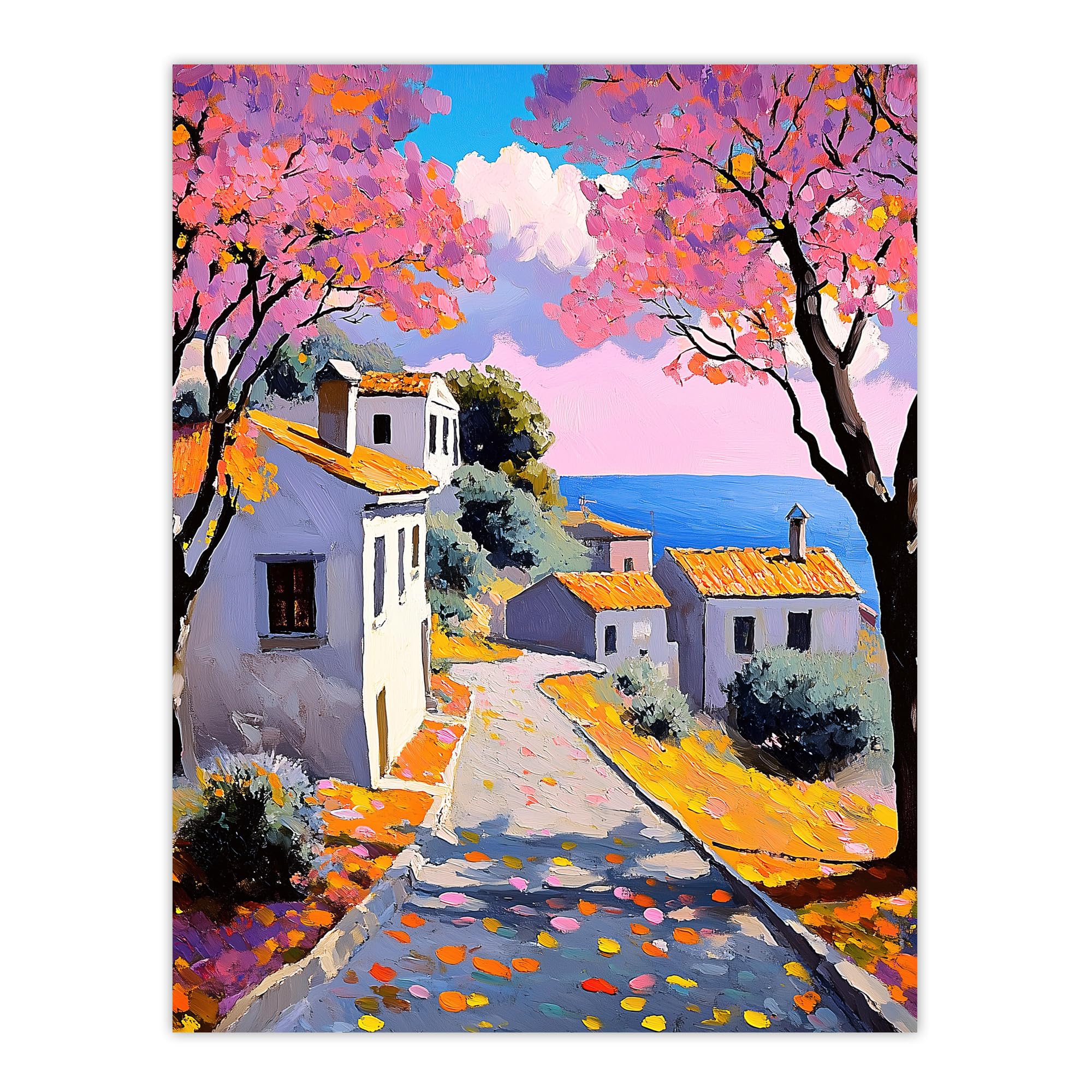 Artery8 Coastal Village Cherry Blossoms Wall Art Print W18" x H24"