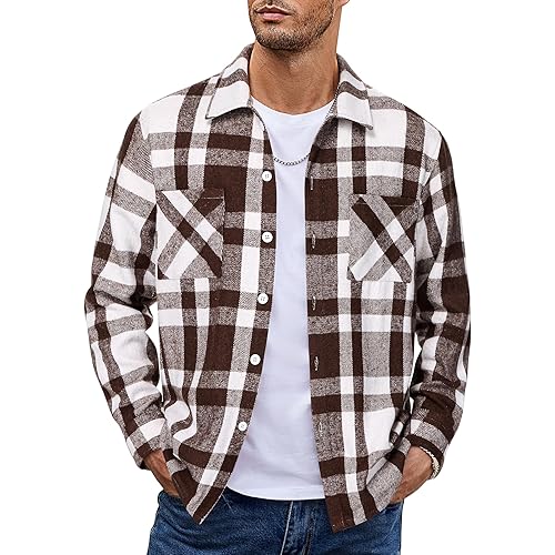 COOFANDY Men's Flannel Shirts Casual Button Down Plaid Shirt Jacket Long Sleeve Fleece Shacket with Pockets