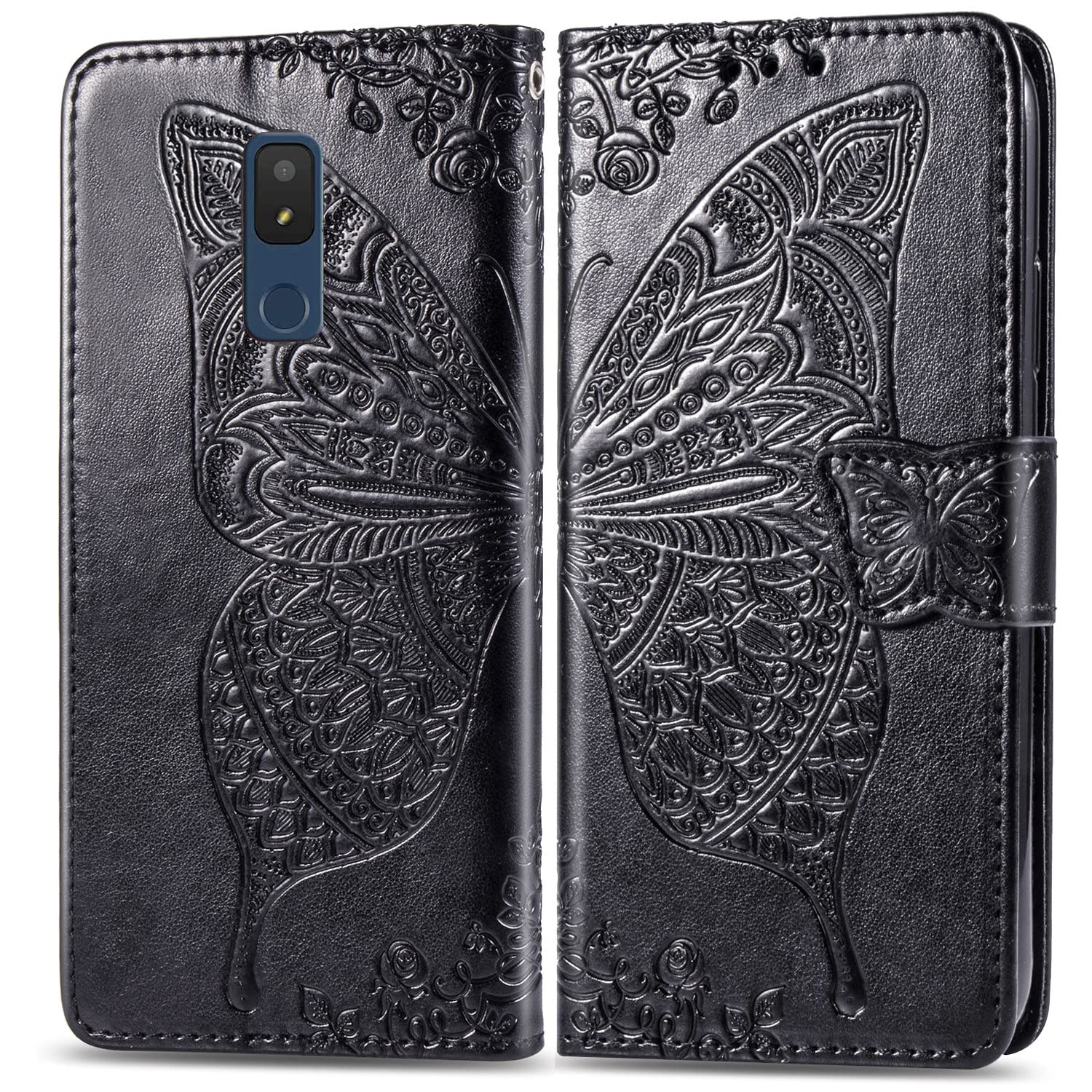 DAMONDY Case for AT&T Motivate 3,AT&T Motivate 3 Cover Case,PU Leather Butterfly Embossed Flowers Magnetic Flip Cover Stand Card Holders Hand Strap Wallet Purse Case for AT&T Motivate 3 -Black