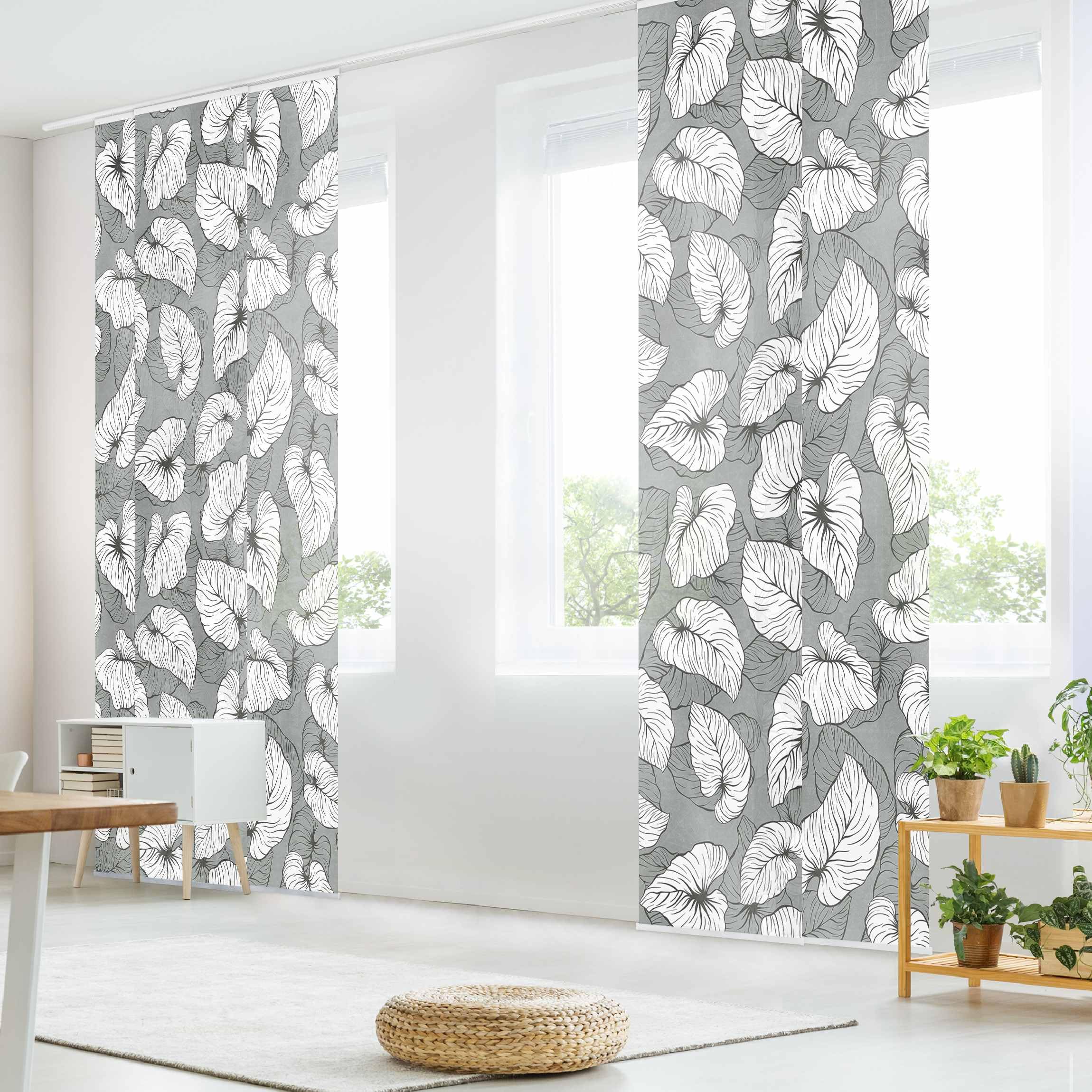 Schiebegardine halbtransparent 60er Paneel Klett Muster Textil lichtdurchlässig - Pflanzen Tropisch Flächenvorhang grau Wohnzimmer Schlafzimmer 2476 (300x250 cm - 5er Set)