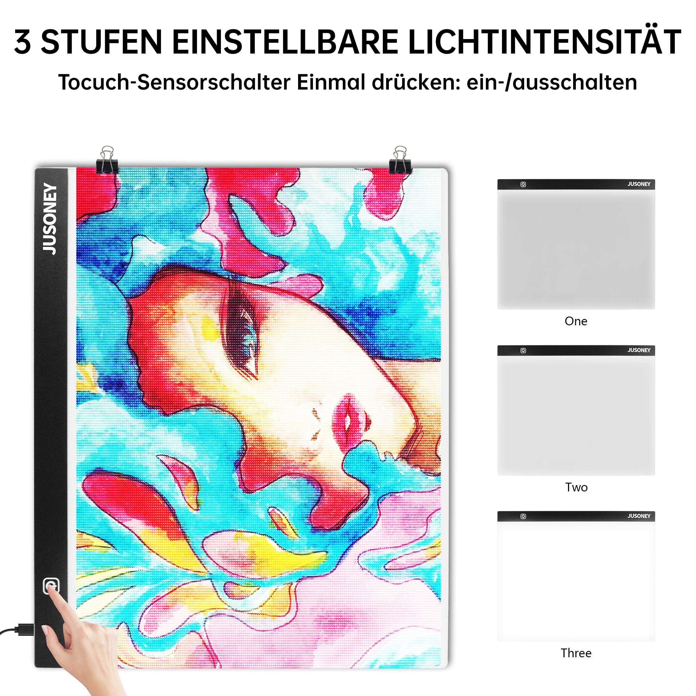 JUSONEY Diamond Painting Leuchttisch A2 Light Pad Zubehör Zeichentisch zum Zeichnen Skizzieren Malen Animation mit 4 Befestigungsclips