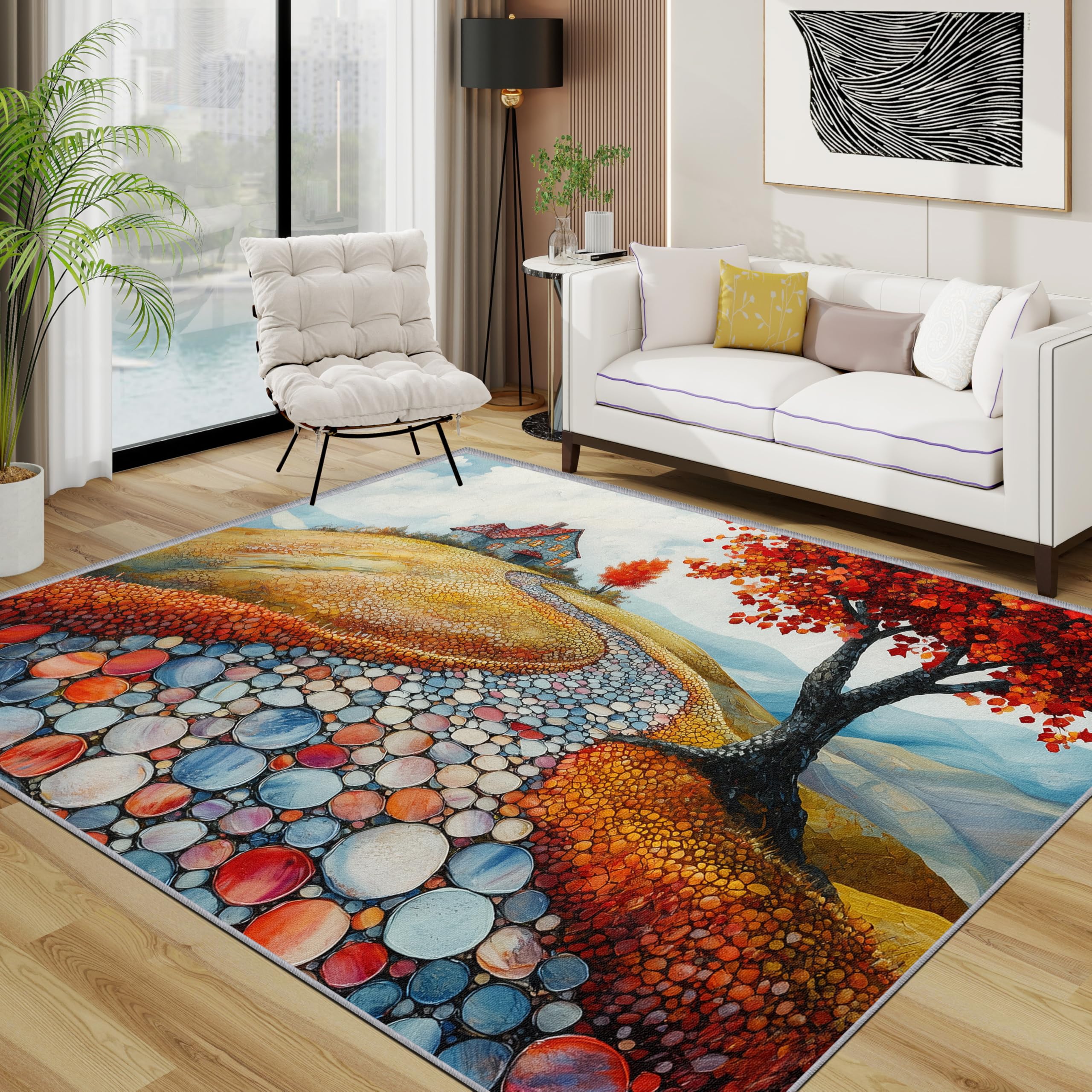 TerroVee Tree Area Rugs for Living Room 80x150 - Autumn Country Landscape Rug for Bedroom, Rustic Colorful Pebble Non Slip Washable Short Pile Carpet, Tree Room Decor โ image 1