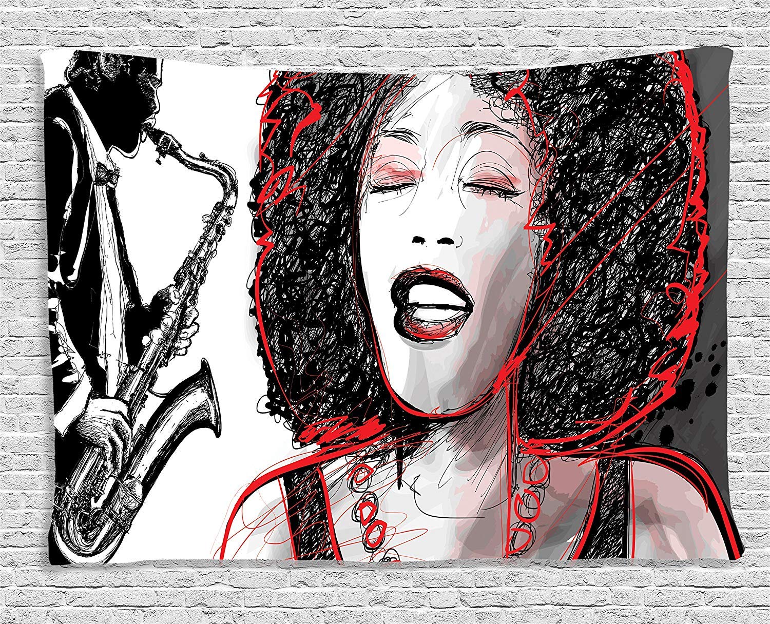 Ambesonne African Tapestry, Afro Lady Singing a Jazz Song with Saxophone Player Silhouette Vintage Design, Wide Wall Hanging for Bedroom Living Room Dorm, 80