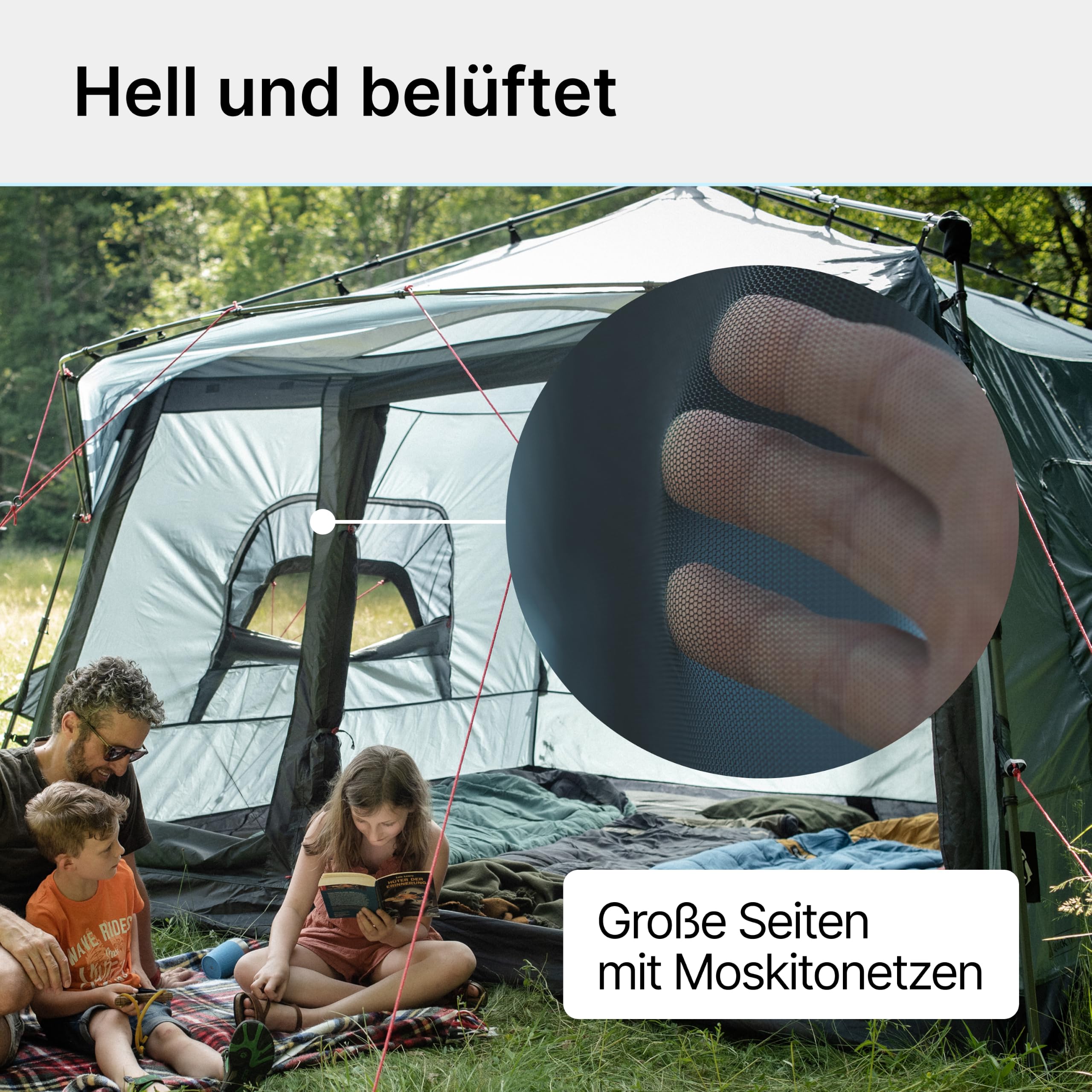 qeedo Quick Villa Familienzelt (für 4 oder 5 Personen) mit Quick-Up Schnellaufbau-System - Wasserdichtes Campingzelt, extra groß, hoch & geräumig, mit Vordach, Eingang & Fenster mit Mesh-Moskitonetz