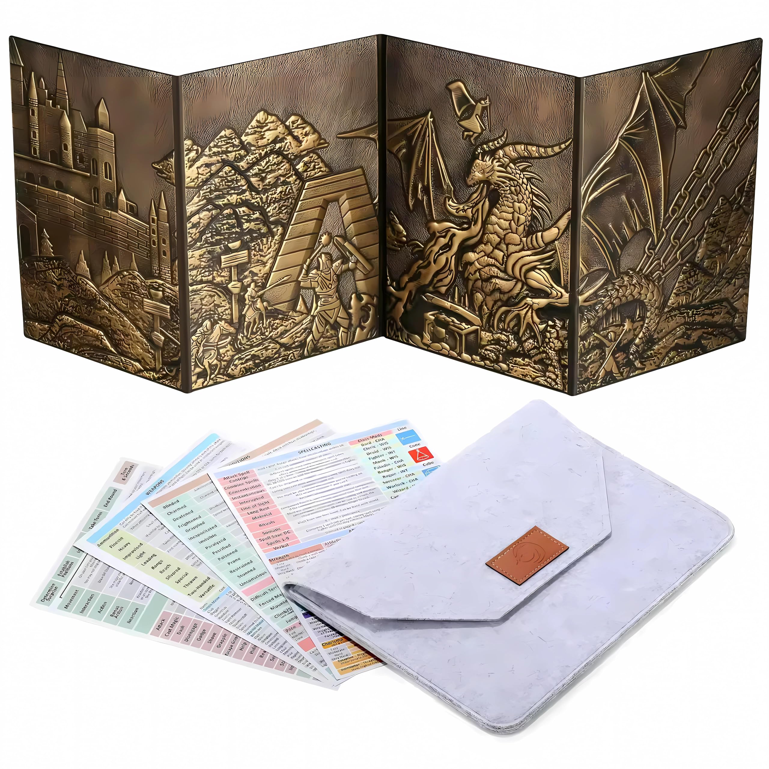 LIEFY DND DM Screen D&D Dungeon and Dragons Écran de jeu en cuir synthétique 3D gaufré avec motif dragon et 4 panneaux avec poches - Cadeau DND - Accessoire DND (laiton)