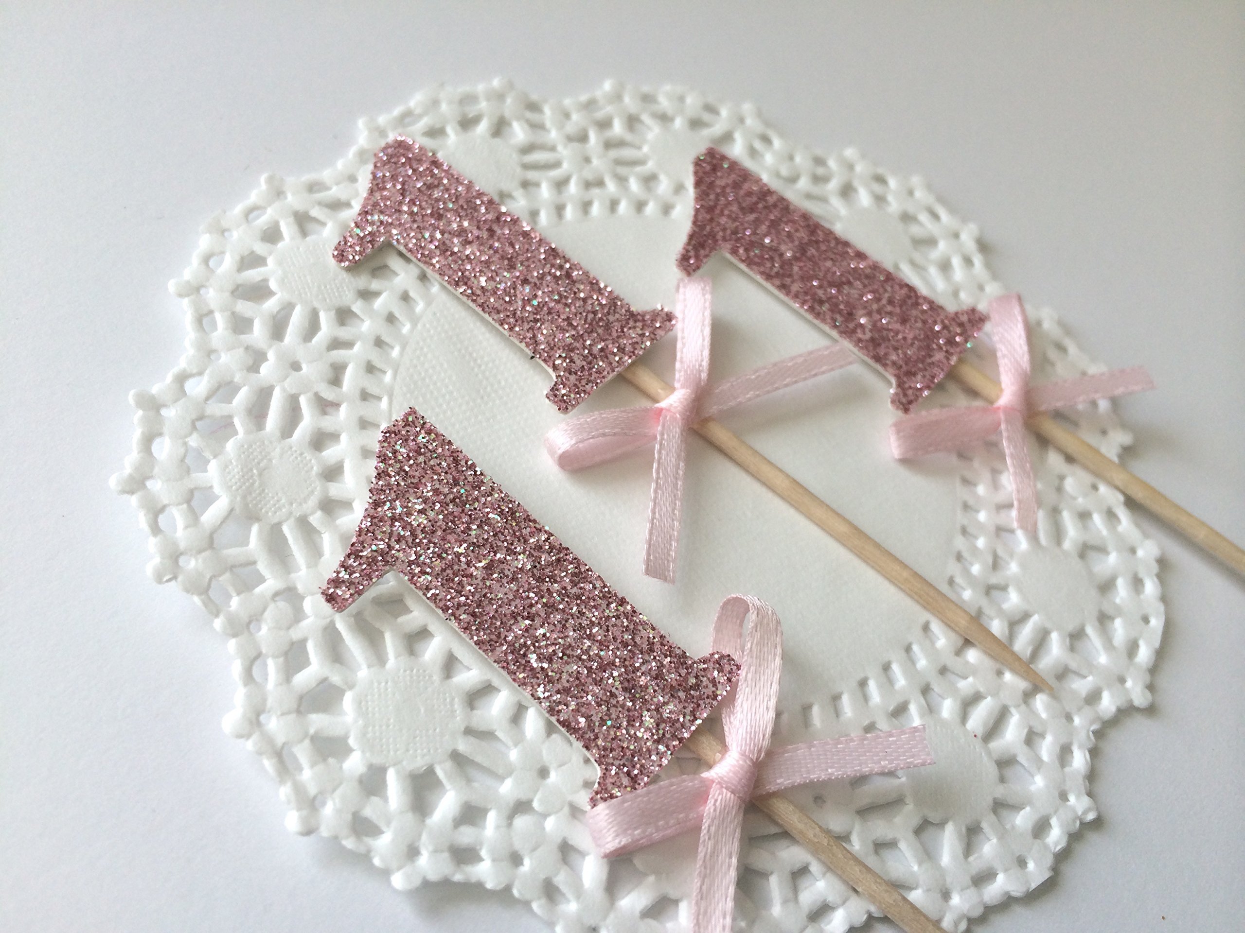 12 Pink Glitter Number Cupcake Toppers. First Birthday Decorations.