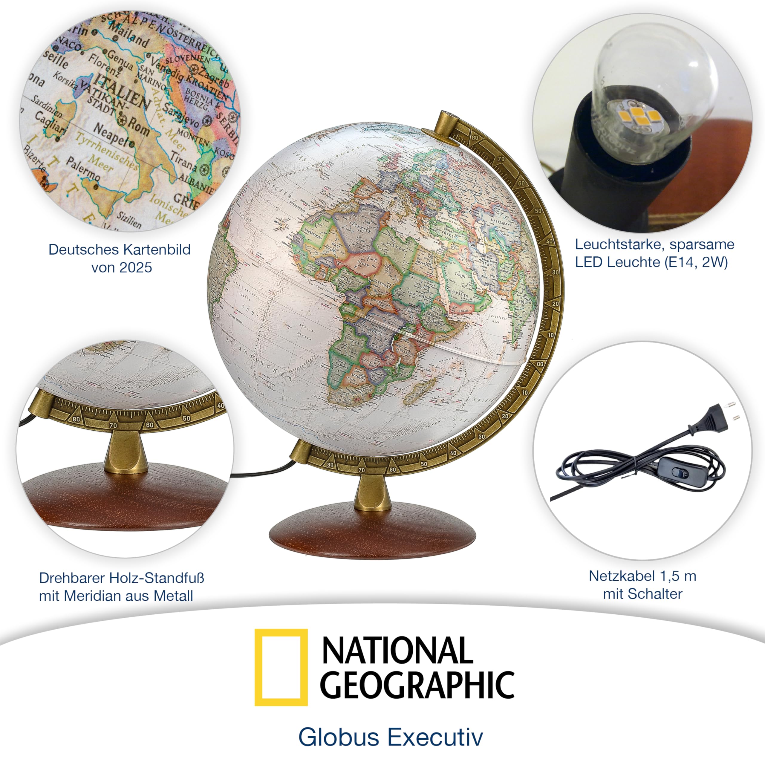 National Geographic - Leuchtglobus im exekutiven Stil - 30cm Globus mit stabilem Standfuß und Metall Meridian, Kartenbild 2026 physikalisch/politisch mit LED Leuchte, aktuelles deutsches Kartenbild