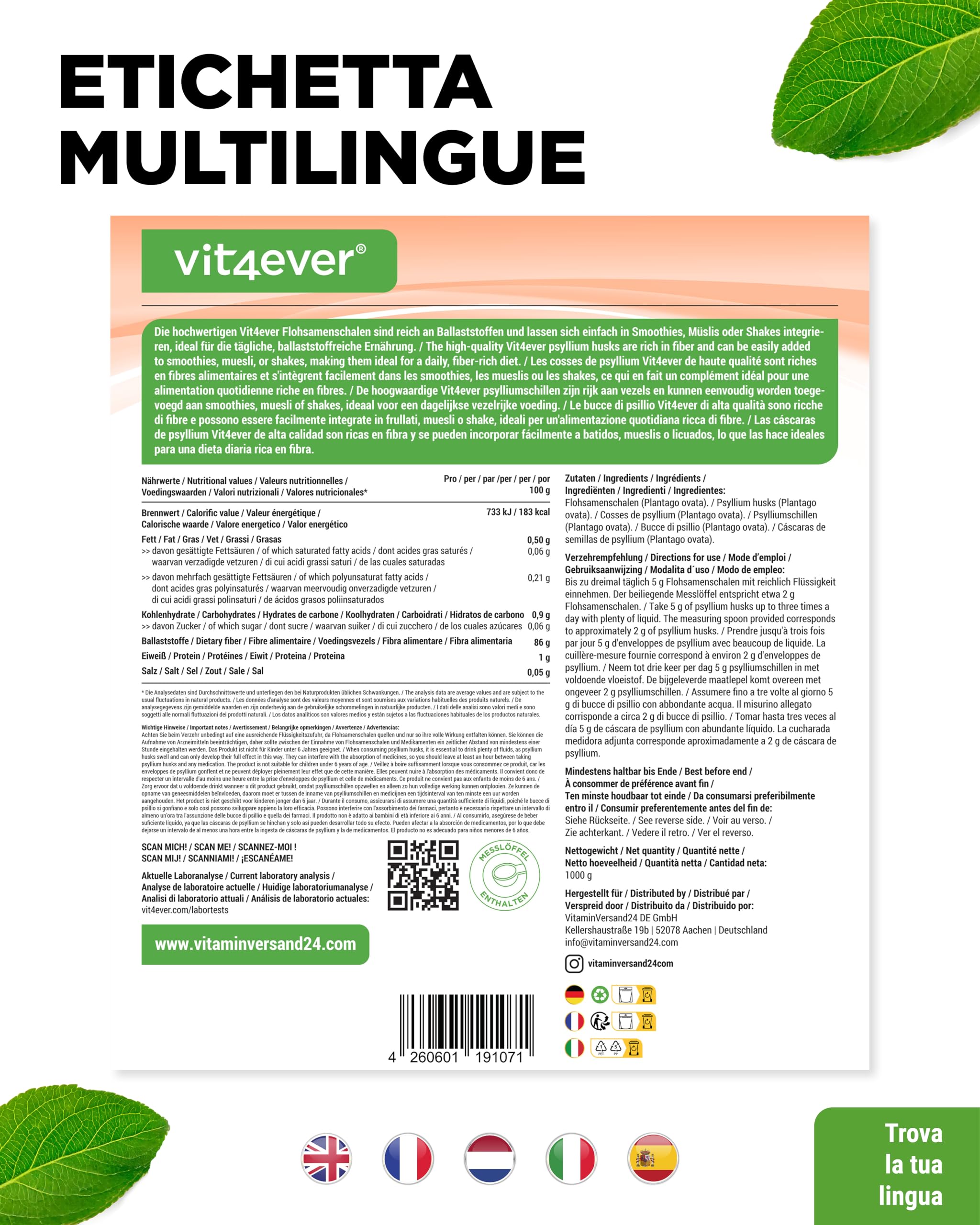 Psyllium husks 1 kg - 1000 g - Residui controllati - Purezza 99% - Origine: India - Low carb - Alta fibra - Senza additivi - Vegan