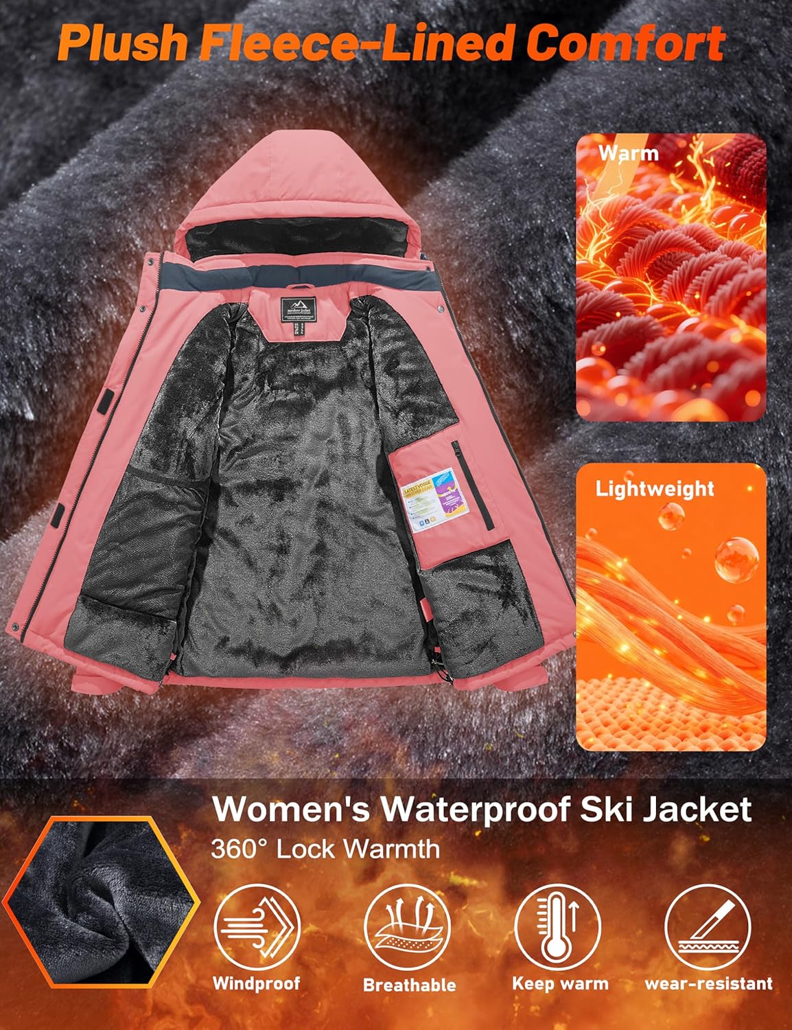 MAGCOMSEN Women's Winter Coat Ski Snow Jacket Fleece Lined Warm Waterproof Insulated Skiing Windbreaker Jacket with Hood - Image 4