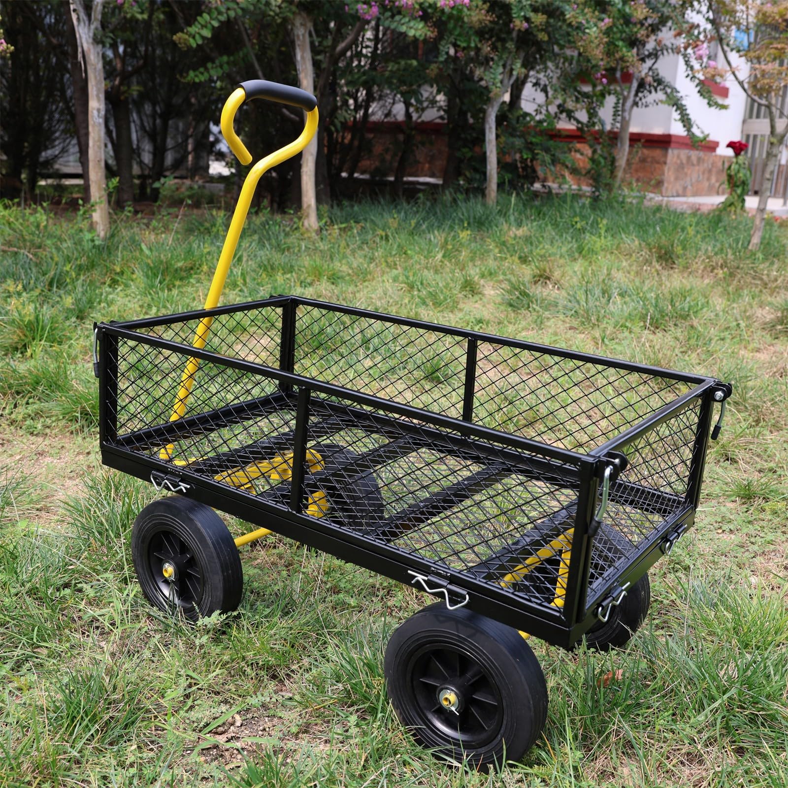Heavy Duty Garden Cart with Solid Wheels (Black & Yellow) – 1000LB Capacity Utility Wagon for Firewood, Yard Work, Farming & Home Use – No-Flat Tires,