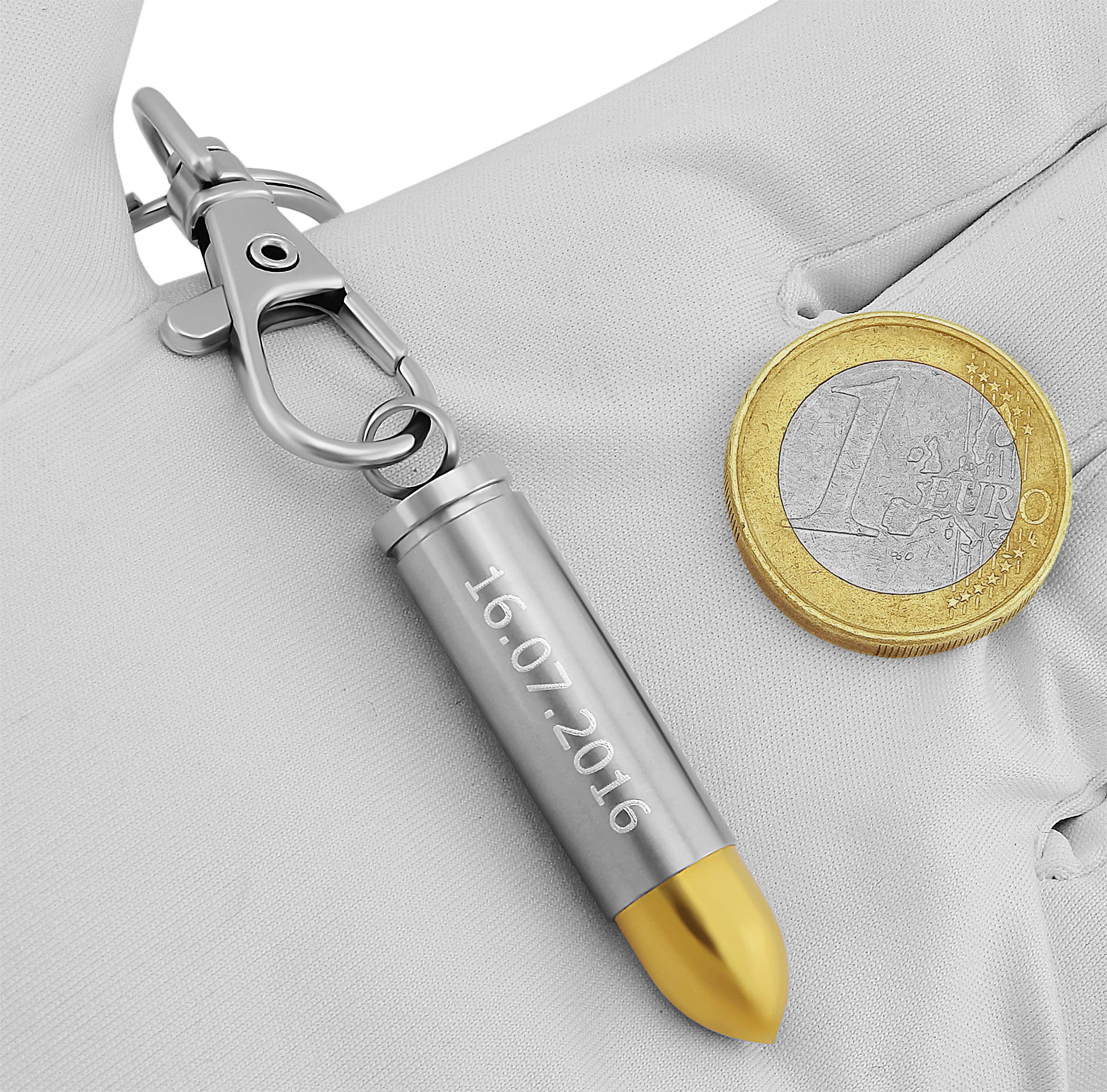 Schlüsselanhänger personalisiert Pistolen-Kugel Patrone | Schlüsselanhänger mit Gravur Edelstahl Silber schwarz Gold | Personalisierte Geschenke für Herren Papa Opa | Schlüssel Anhänger