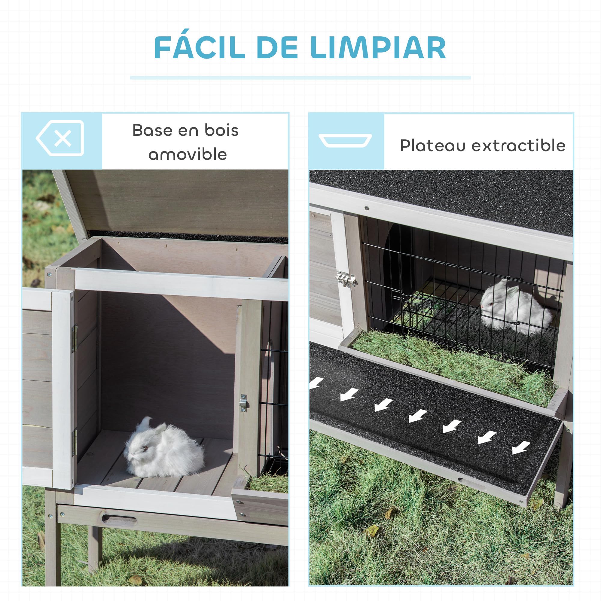 PawHut Conejera de Madera Elevada Jaula para Conejos con Techo Asfáltico Abatible Puertas con Pestillo Bandejas Desmontables Conejera para Exterior 91x46x71 cm Gris
