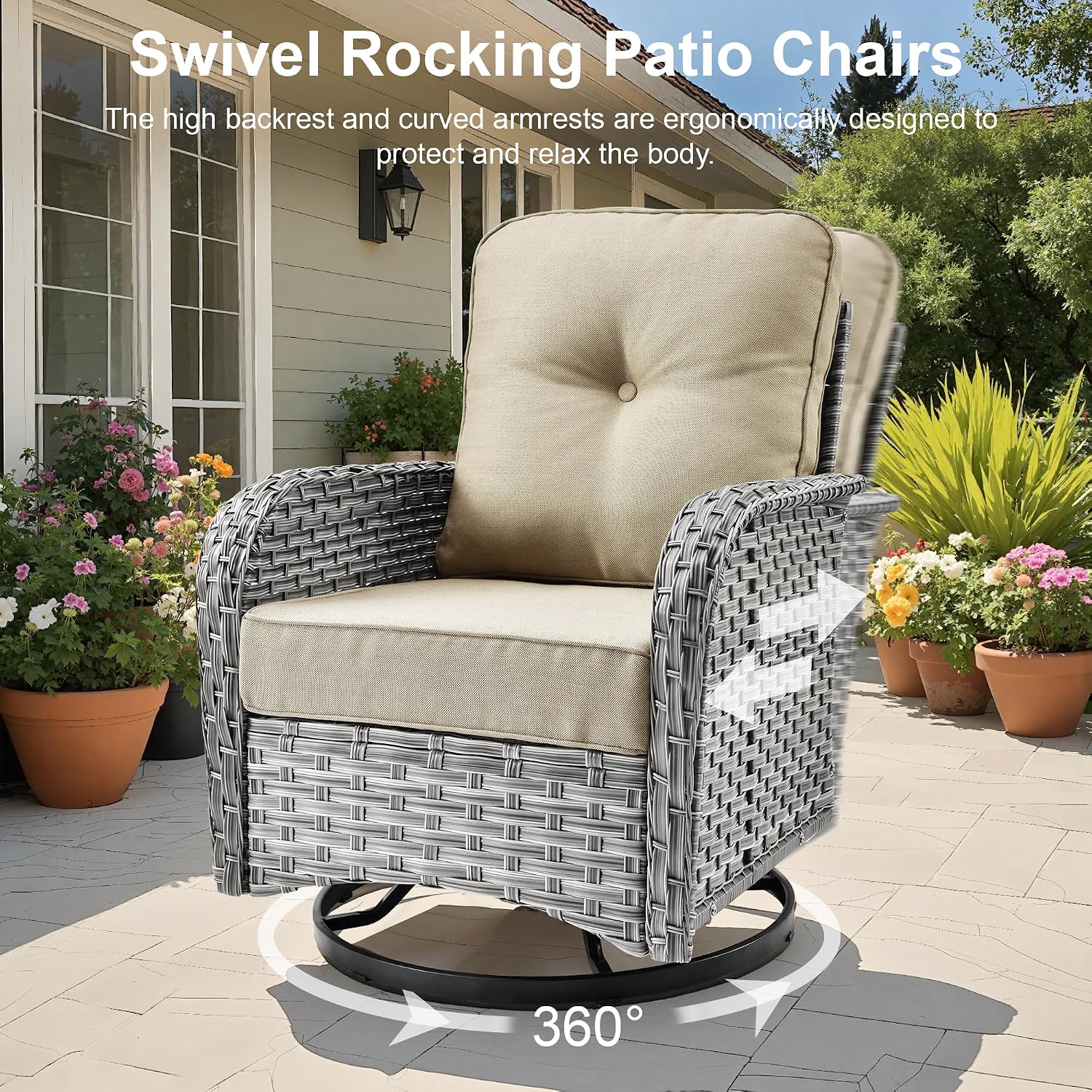 Outdoor Patio Furniture Sets,9 PCS Patio Conversation Set Outside Rattan Sectional Sofa with 42 in Square Fire Pit Table Wicker Rocking Chair Coffee Table Fit Backyard Garden Poolside Balcony