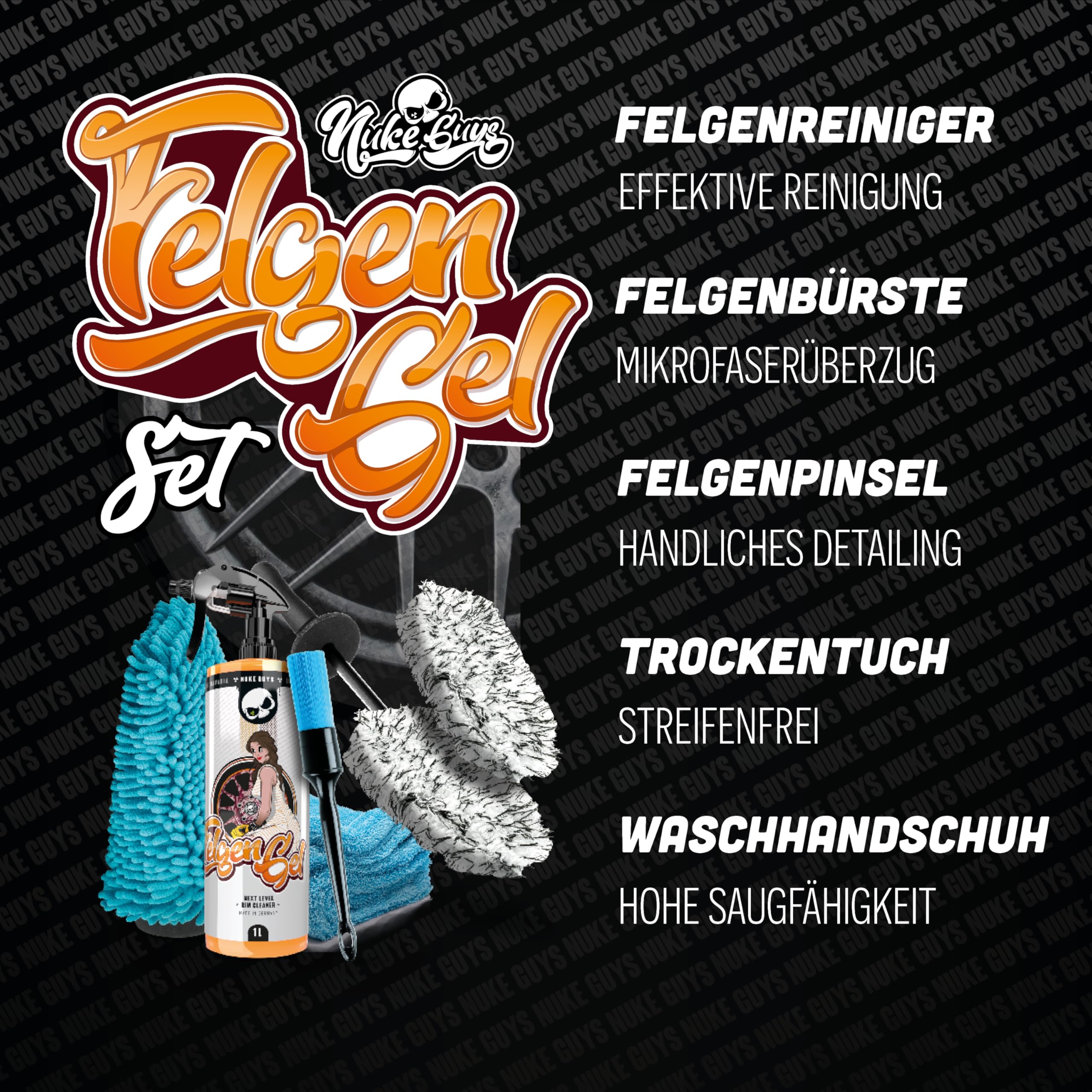Nuke Guys Felgen Reinigungsset | Felgenreiniger 1l mit Wirkindikator + Mikrofaser Felgenbürste + Ersatzbezug + Felgenpinsel + Felgenhandschuh + Trockentuch | Auto Felgen Reinigung Set