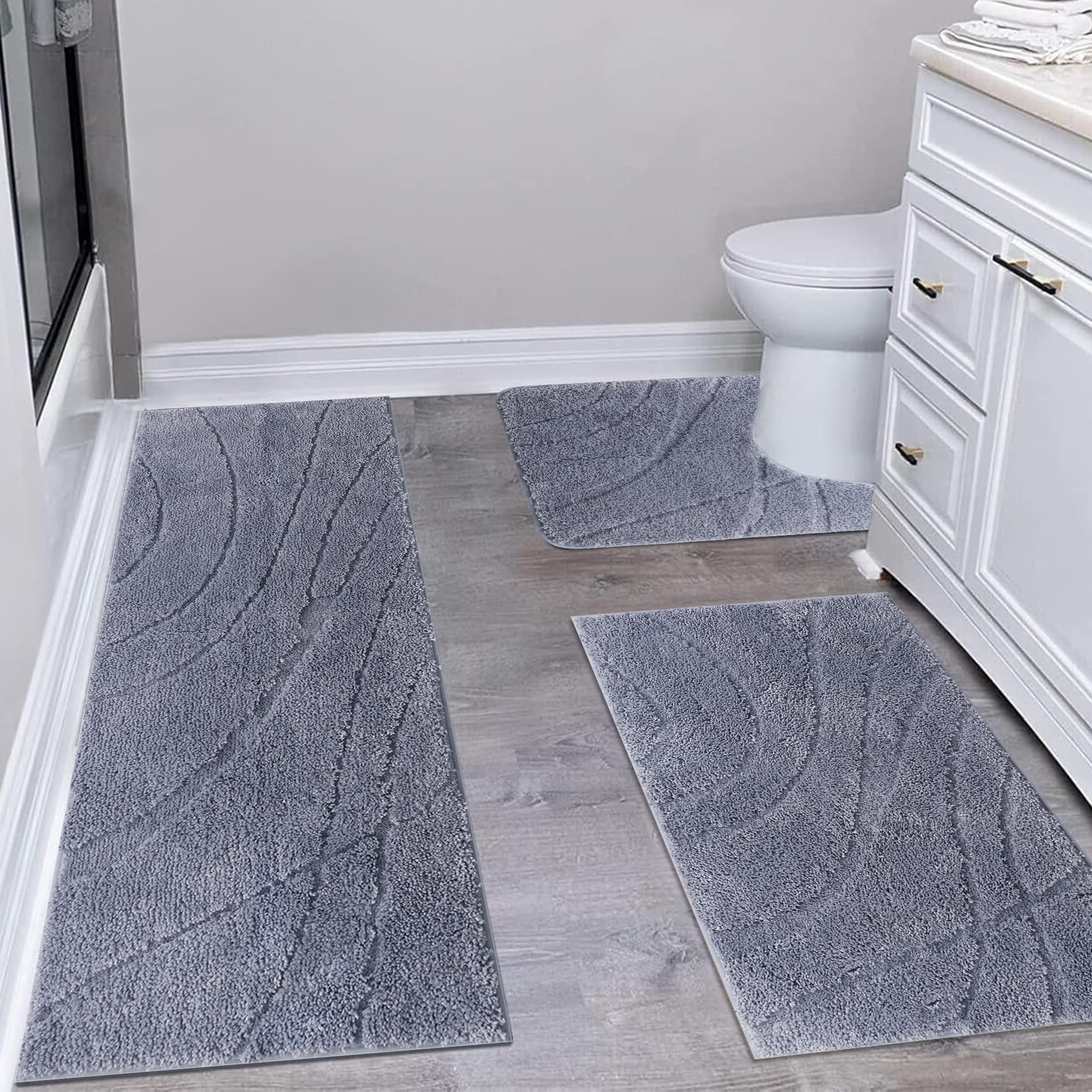 Zeeinx Juego de 3 alfombrillas de baño antideslizantes y absorbentes para baño, lavables a máquina, alfombra de baño y alfombra de inodoro en forma de U para baño, bañera y ducha, color gris