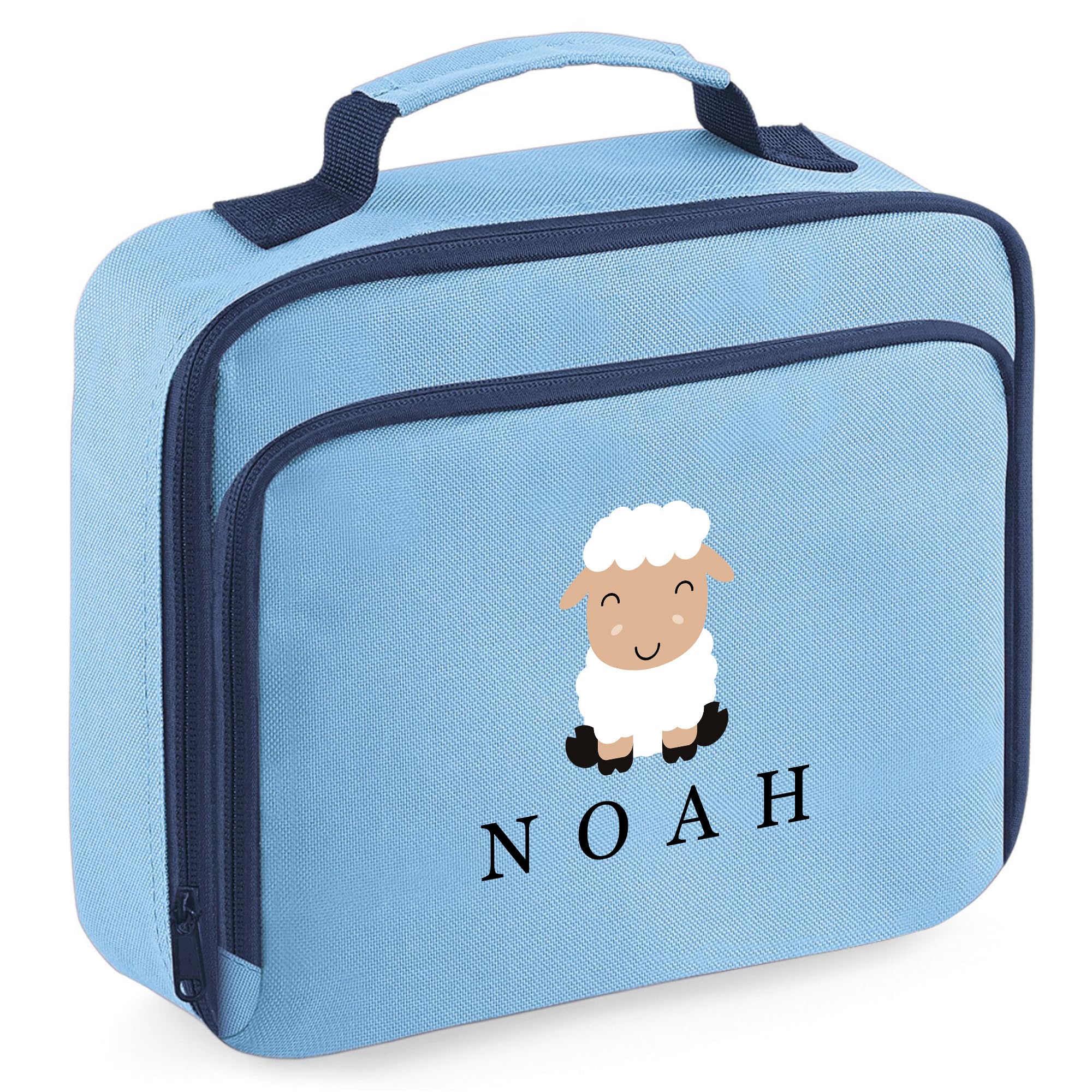 Purple Print House Personalised Sheep Lunch Bag Boys Girls Infants Reception Back to School Primary Infant New Term Lunchbox, 24cm x 20cm x 8cm, Sky Blue