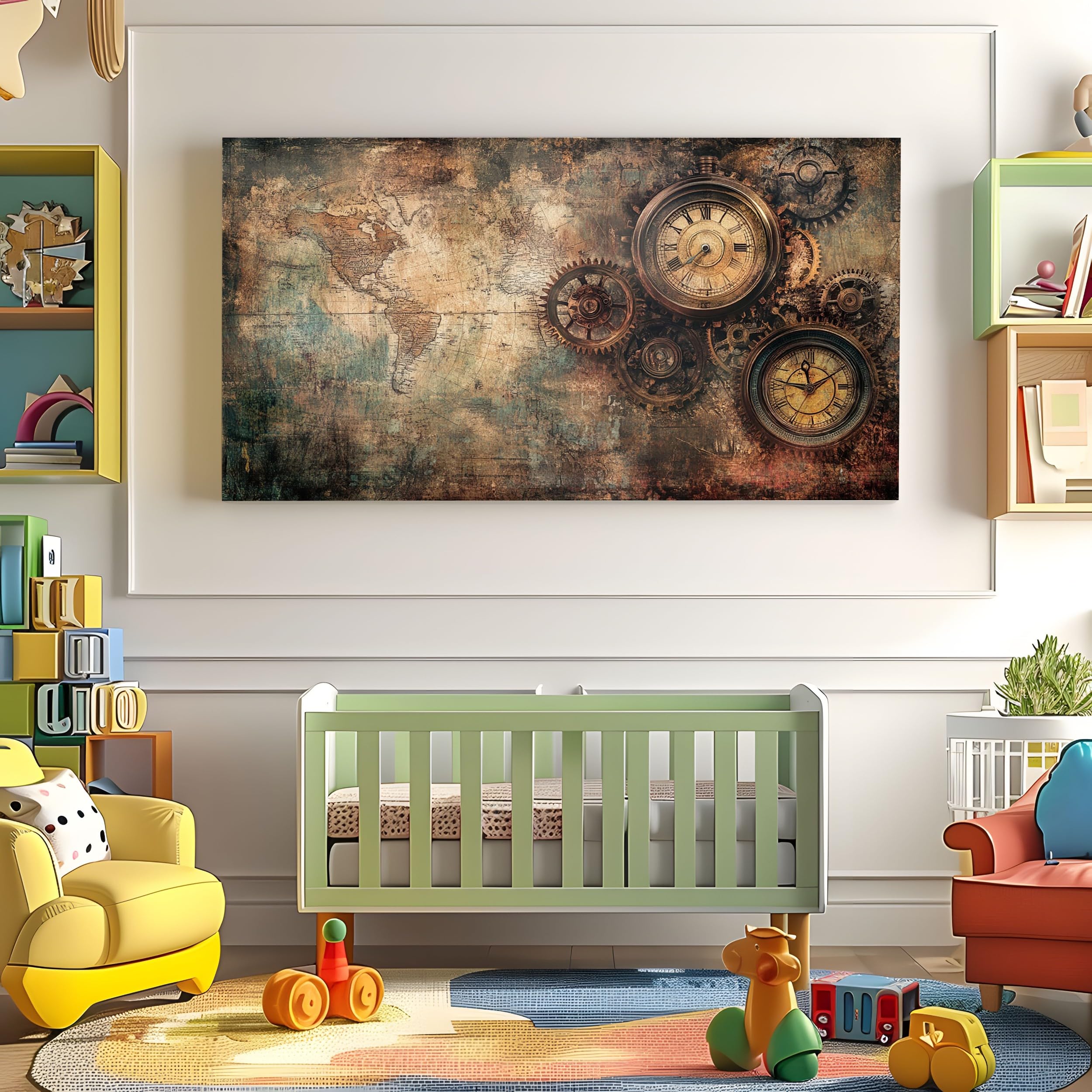 ZORYAN Bilder für die Wand Steampunk Mechanische Leinwandbilder Groß für | Schlafzimmer Nostalgische Karte Wandbild für Wohnzimmer, XXL Kunstdruck auf Leinwand Retro Uhr 80x160cm Wanddeko Kunst
