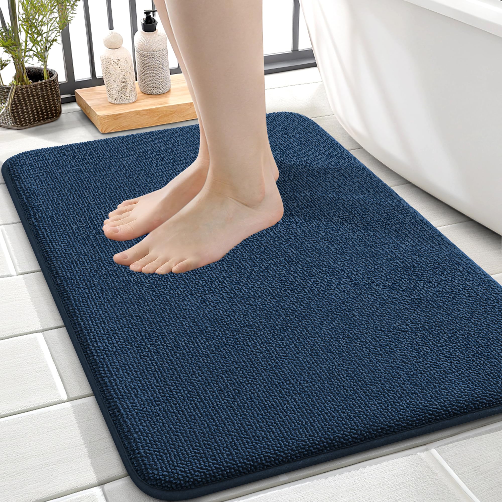 OLANLY Thick Memory Foam Small Bathroom Rug 24x16, Absorbent Bath Mat, Navy