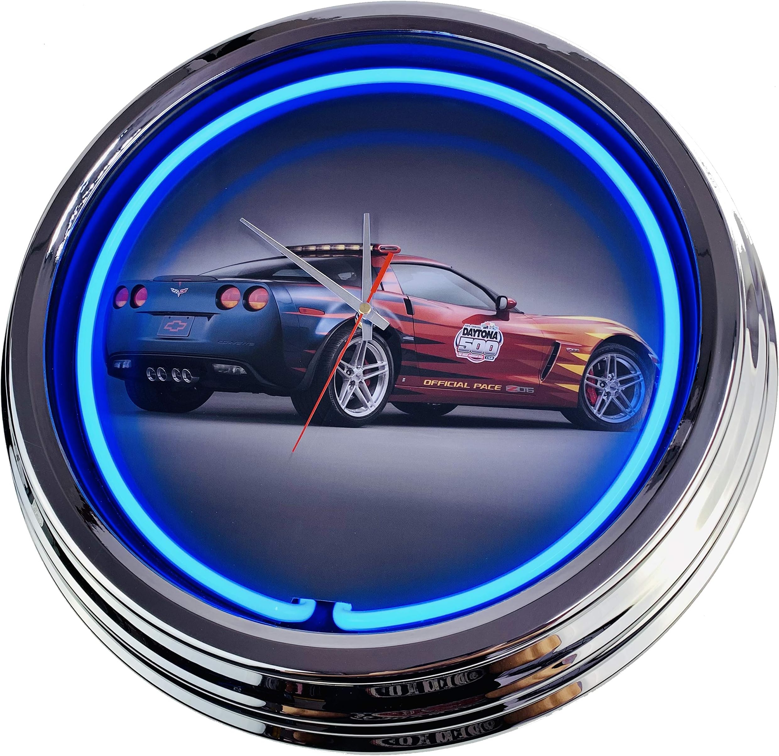Neon clock " Daytona Pace Car Corvette" wall clock Deko-clock illuminated clock USA 50's Style Retro neon clock dining room kitchen Living room office (Blau)