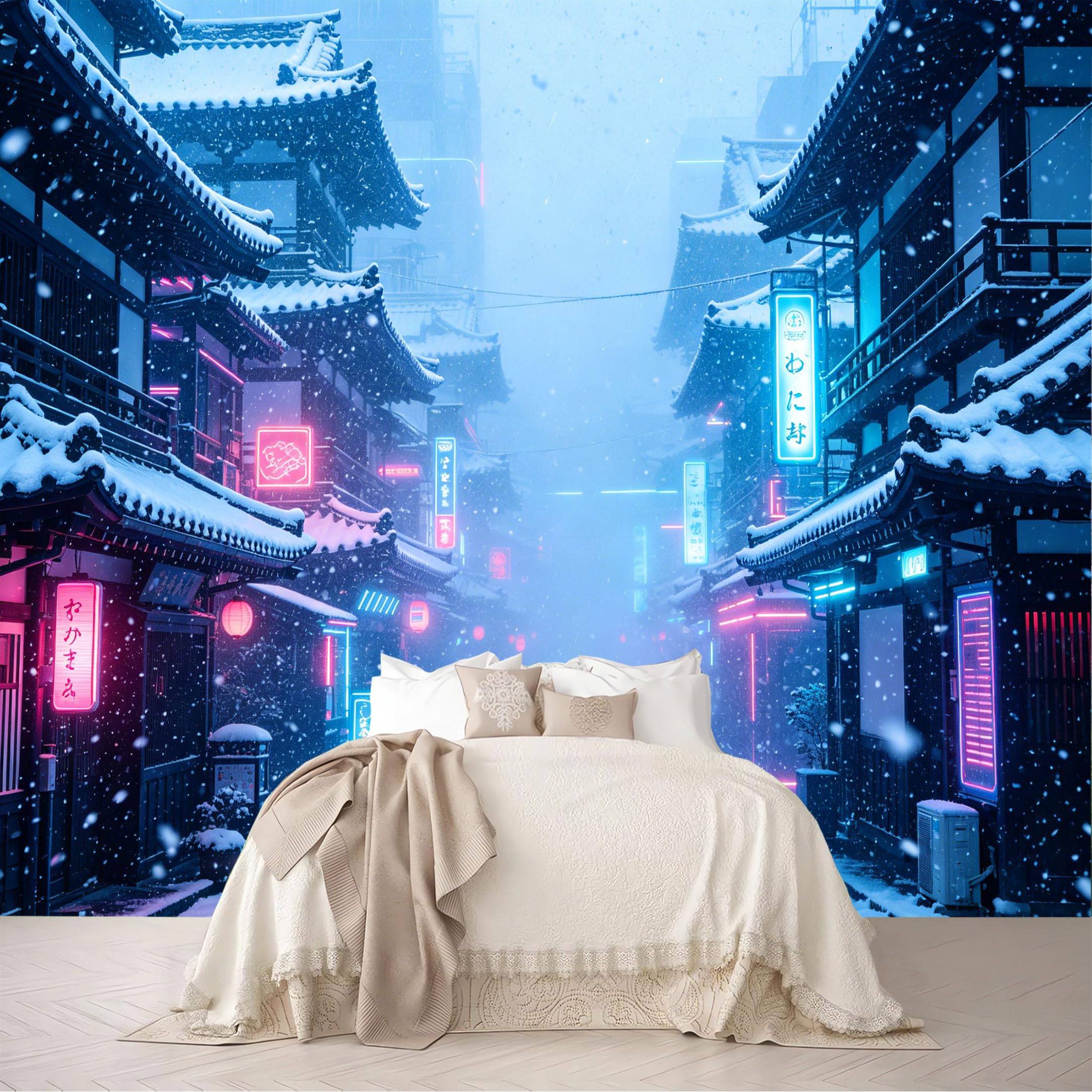 Dskjoviality Ab260706098 Custom Size Wall Murals Snowy Traditional Town Neon Street Night Scene Removable Self-Adhesive For Bedroom Living Room Dining Room