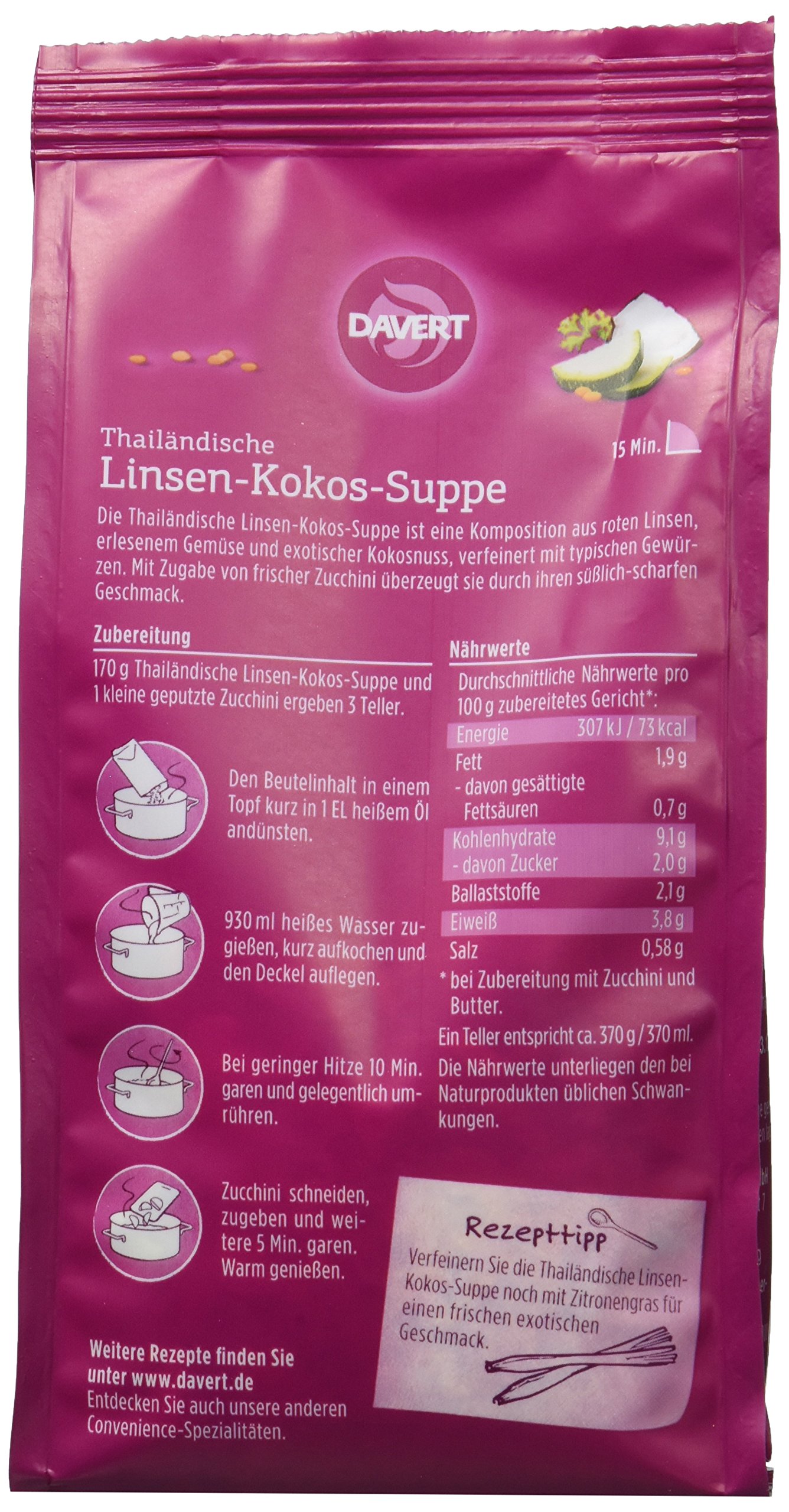 Davert Thailändische Linsen-Kokos-Suppe, 6er Pack (6 x 170 g) - Bio