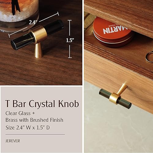 Miniatura 2 de JEREVER Paquete de 5 pomos de gabinete de vidrio latón con barra en T para aparador, cajón, herrajes dorados para muebles (negro)