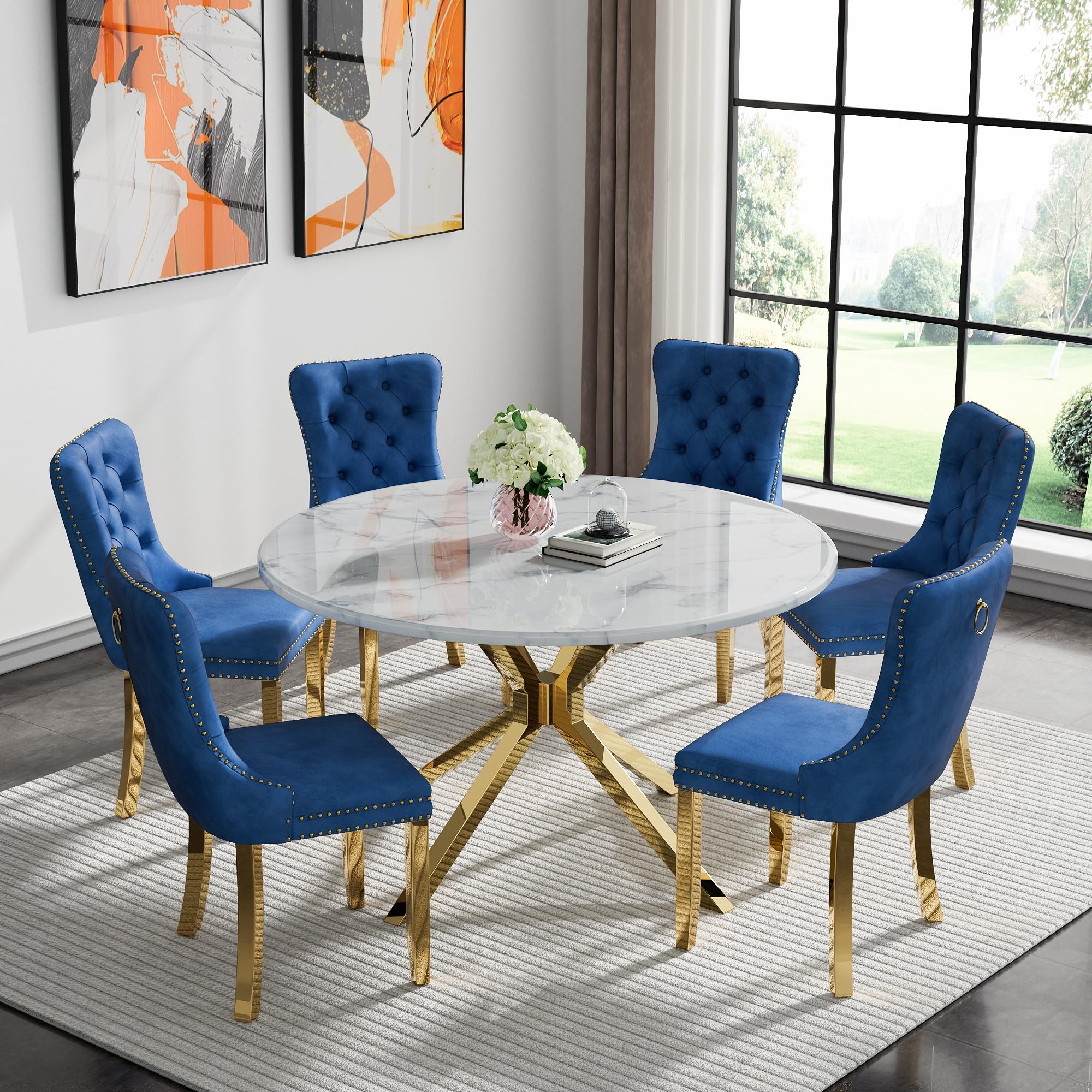 7-Piece Round Dining Table Set for 6, Luxury Faux Marble Kitchen Table Set for 6 with Blue Velvet Chairs, 45" Circle Dining Room Tables with White Marble Top and Gold Stainless Steel Cross Legs