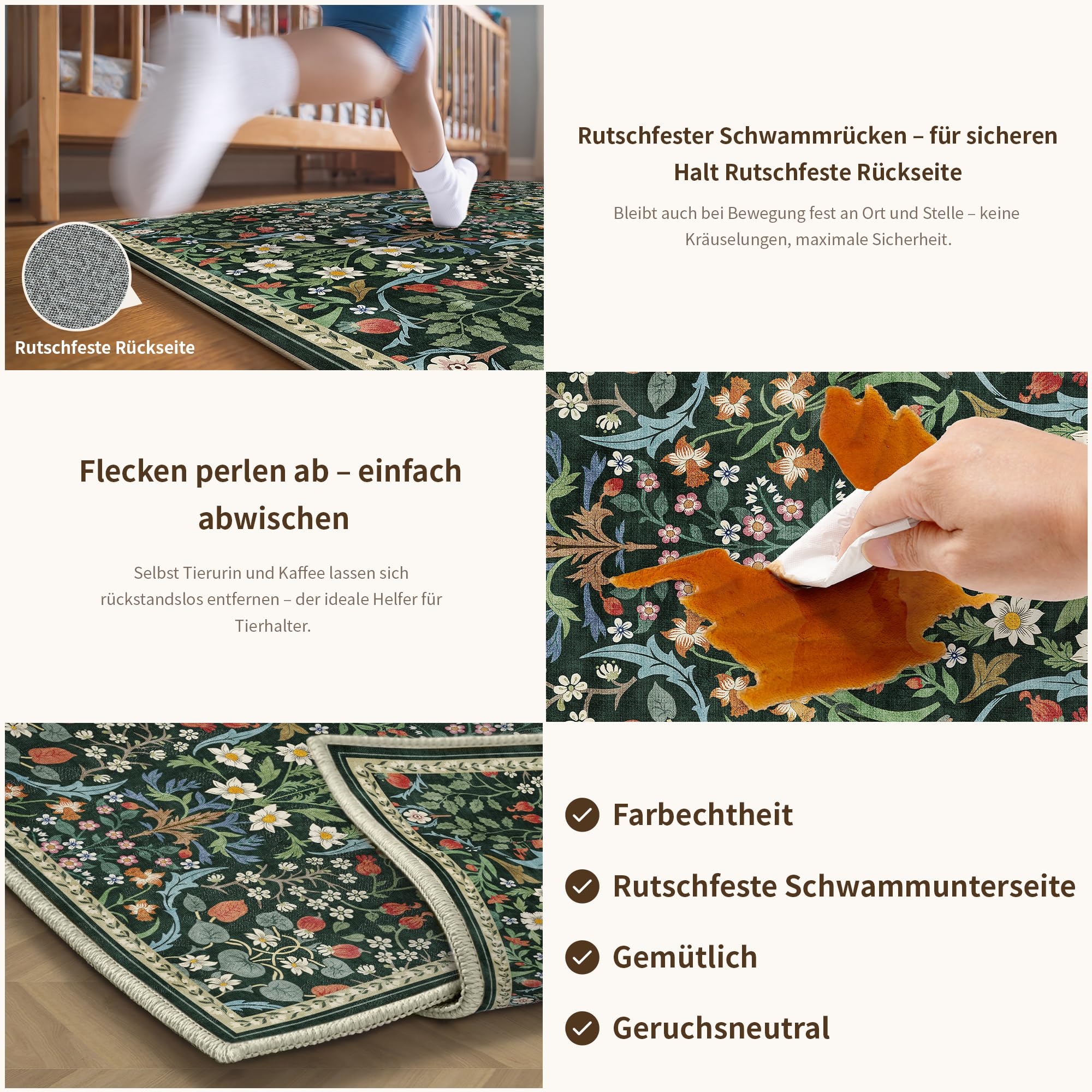 PureCozy Teppich Wohnzimmer 200x300cm Waschbarer Blumenmuster kurzflor rutschfest Weich Boho Vintage Teppiche Groß für Schlafzimmer Esszimmer Bedroom Living Room, Grün