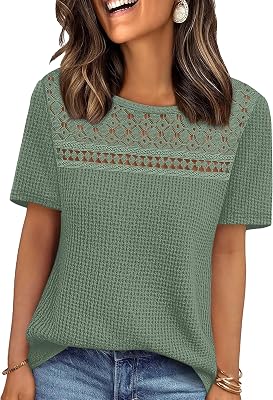 OFEEFAN Womens Tops Dressy Casual Short Sleeve Shirts Boho Crochet Lace Waffle Knit Plus Size Fashion Clothing OEKO-TEX STANDARD 100