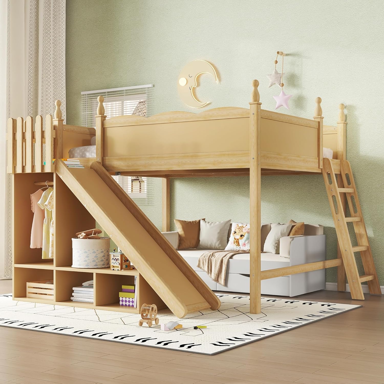 Bellemave Queen Size Loft Bed with Slide, Storage Shelves and Wardrobe, Queen Loft Bed with Ladder and Rails, Wood Loft Beds with Detachable Slide and Ladders, Used for Apartment, Dorm, Natural
