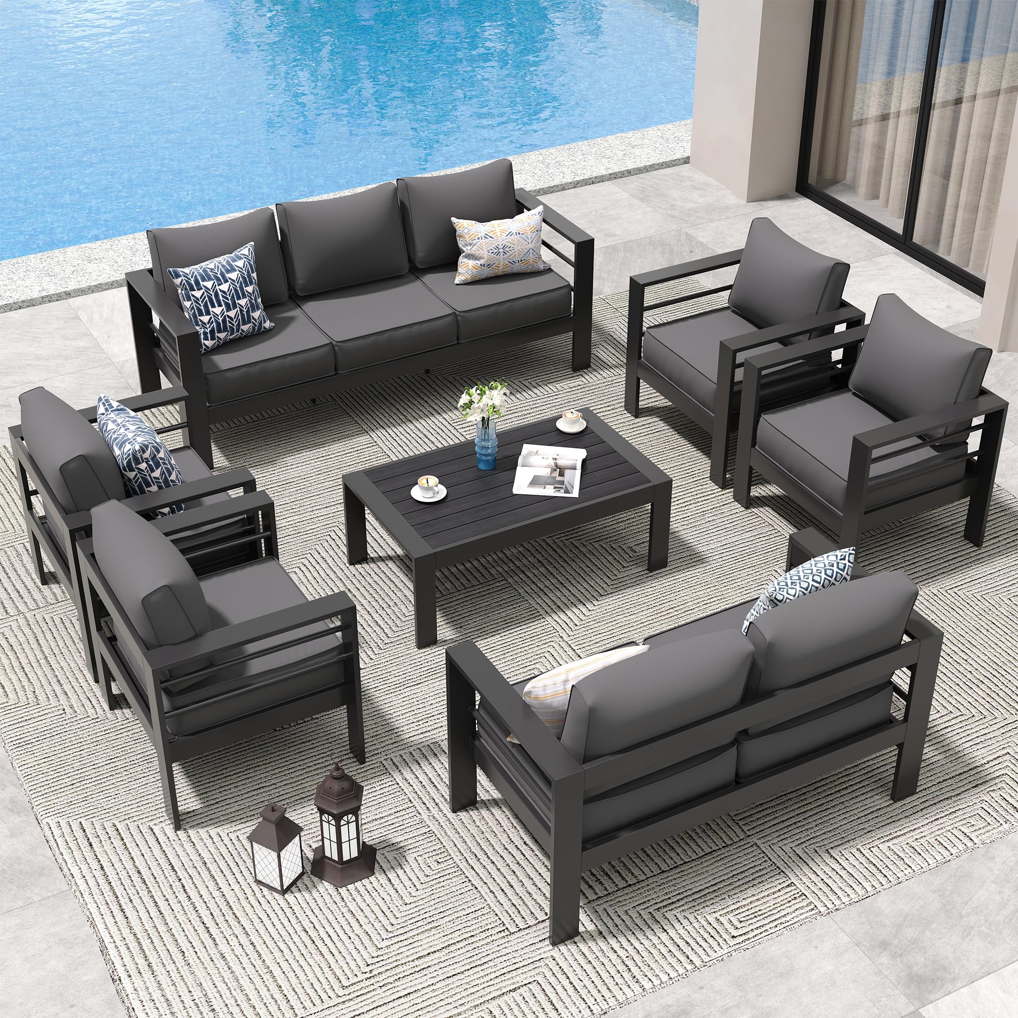Amopatio Aluminum Patio Furniture Set, 10 Pieces Modern Patio Conversation Sets, Outdoor Sectional Metal Sofa with Coffee Table for Balcony, Garden, Dark Grey (Included Waterproof Covers)