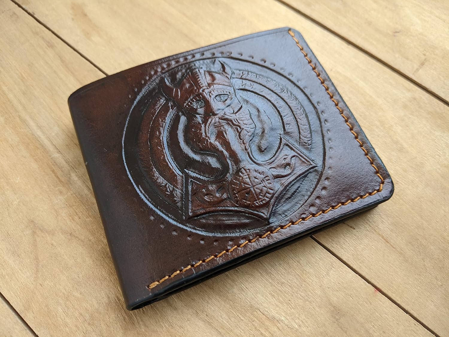 Thor Hammer, Odin, Mjölnir, Viking Warrior, Men's 3D Genuine Leather Wallet, Handmade wallet, Carved wallet, Tooled wallet, Airbrush Art, Bifold wallet, Custom wallet, Personalized wallet, C(2)